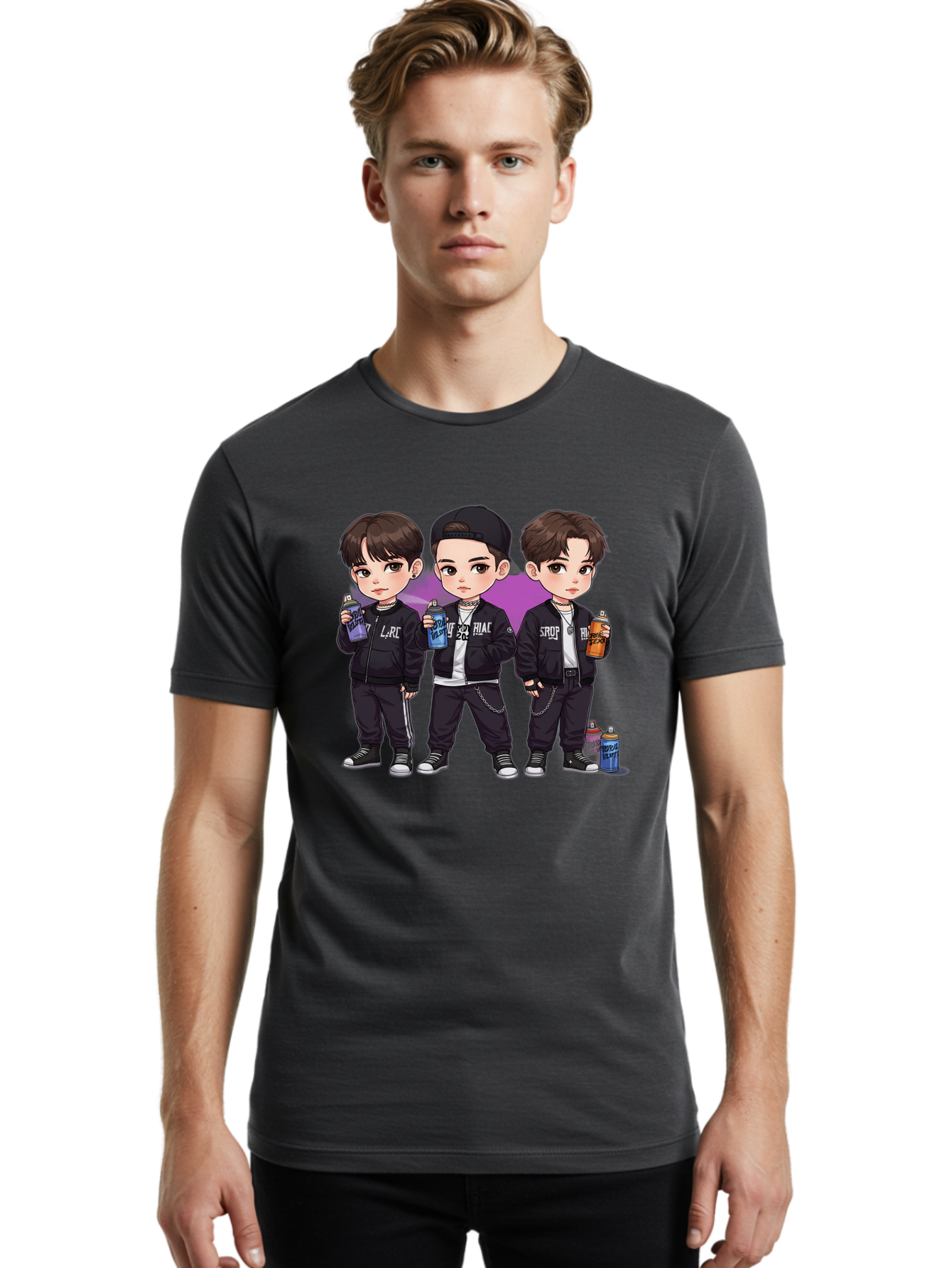 Chibi-Boys Men'S Graphic Tee, 100% Cotton, Comfortable Casual Summer Wear, Machine Washable, Three Boys In Black Jackets, Streetwear Fashion, Casual Style, Young Males, Holding Cans, Urban Look, Lrc, Hiac, Srof, Graffiti Style, Kawaii Art, Bab733