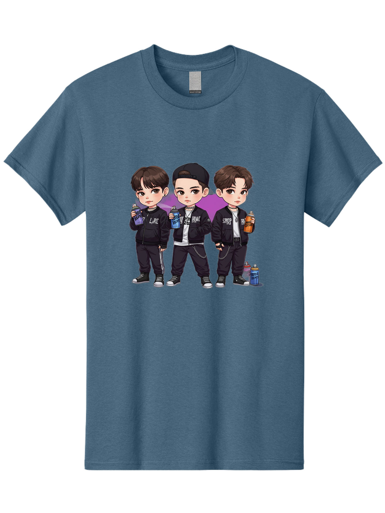 Chibi-Boys Men'S Graphic Tee, 100% Cotton, Comfortable Casual Summer Wear, Machine Washable, Three Boys In Black Jackets, Streetwear Fashion, Casual Style, Young Males, Holding Cans, Urban Look, Lrc, Hiac, Srof, Graffiti Style, Kawaii Art, Bab733