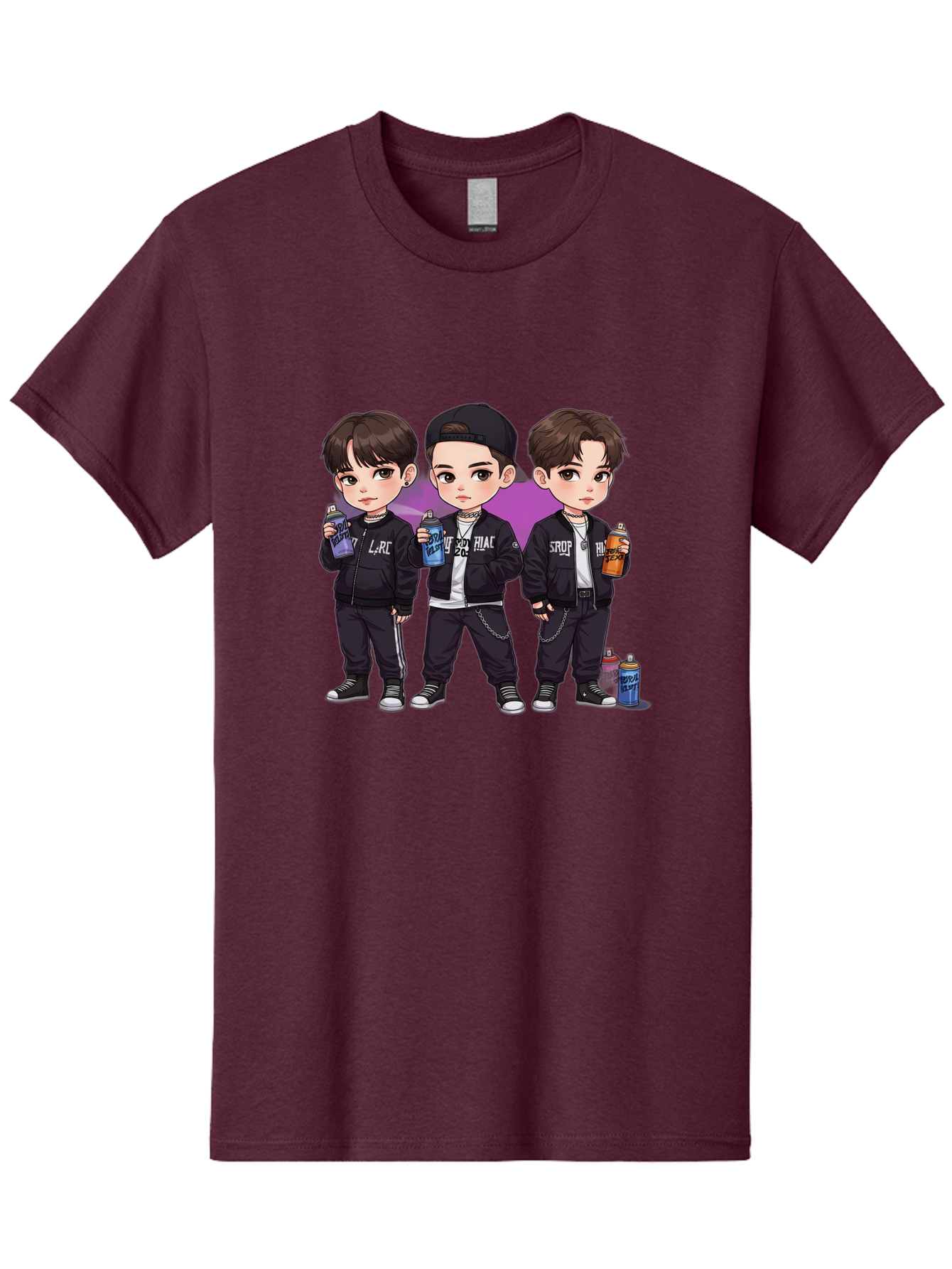 Chibi-Boys Men'S Graphic Tee, 100% Cotton, Comfortable Casual Summer Wear, Machine Washable, Three Boys In Black Jackets, Streetwear Fashion, Casual Style, Young Males, Holding Cans, Urban Look, Lrc, Hiac, Srof, Graffiti Style, Kawaii Art, Bab733