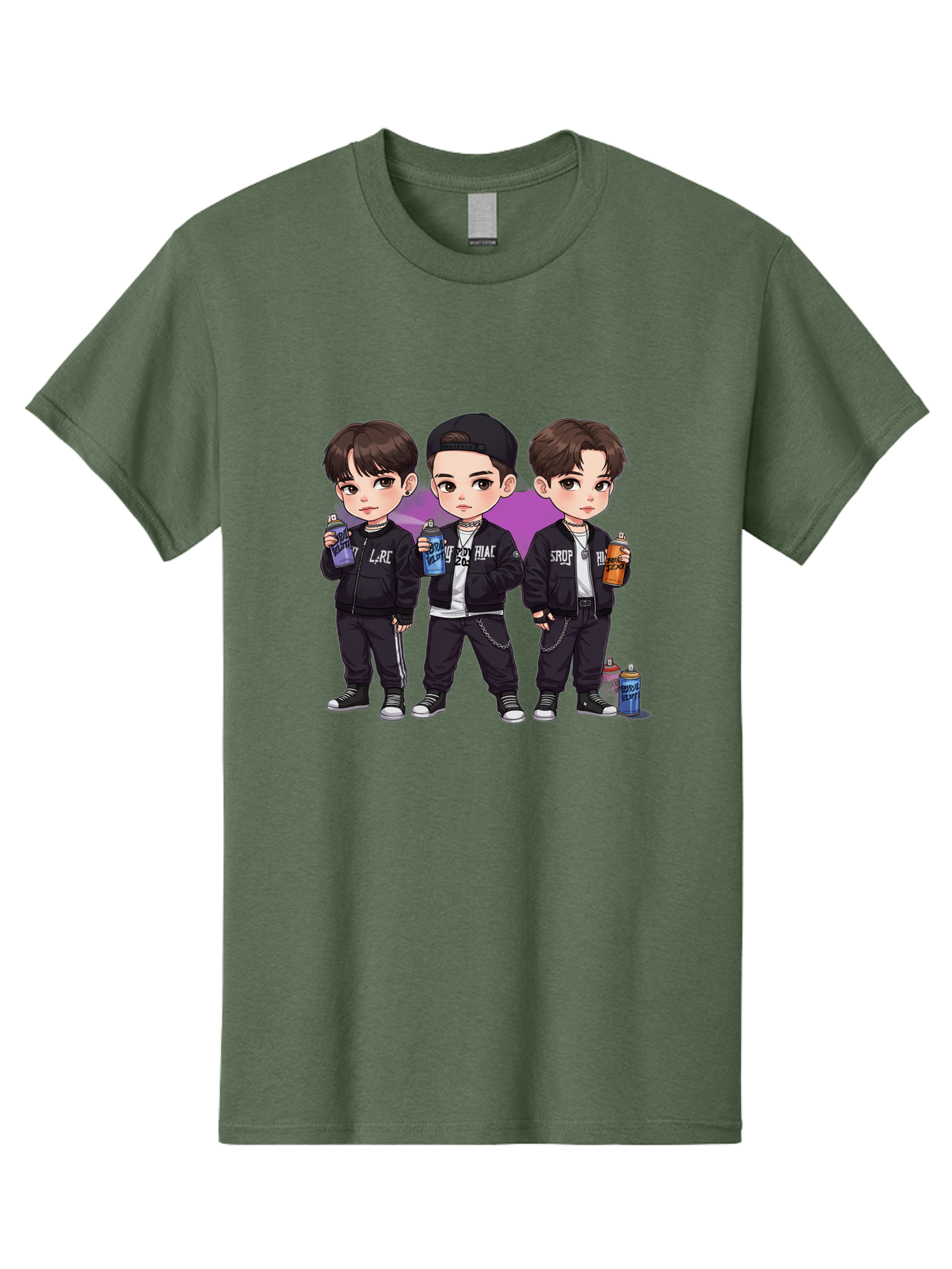 Chibi-Boys Men'S Graphic Tee, 100% Cotton, Comfortable Casual Summer Wear, Machine Washable, Three Boys In Black Jackets, Streetwear Fashion, Casual Style, Young Males, Holding Cans, Urban Look, Lrc, Hiac, Srof, Graffiti Style, Kawaii Art, Bab733