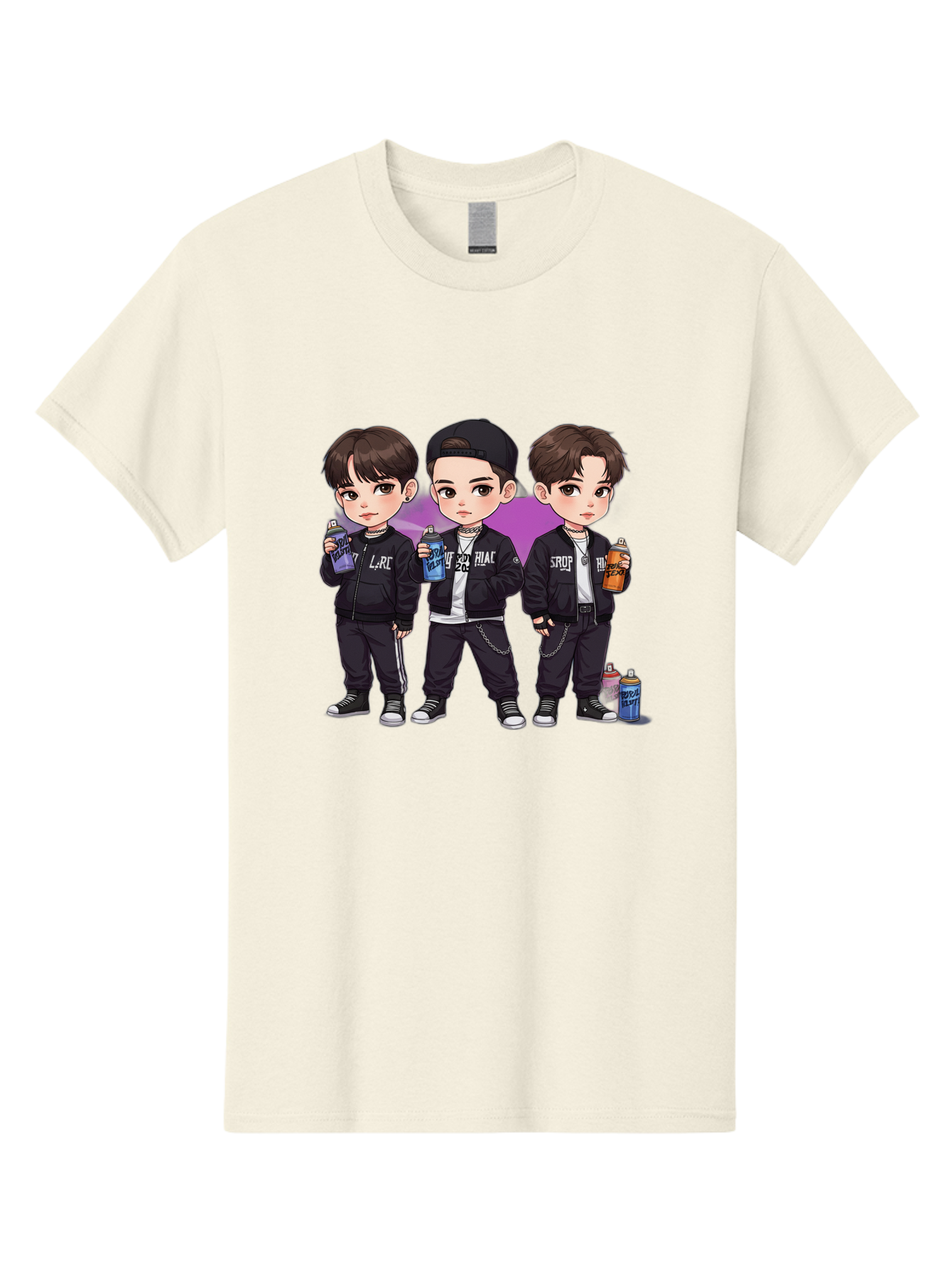 Chibi-Boys Men'S Graphic Tee, 100% Cotton, Comfortable Casual Summer Wear, Machine Washable, Three Boys In Black Jackets, Streetwear Fashion, Casual Style, Young Males, Holding Cans, Urban Look, Lrc, Hiac, Srof, Graffiti Style, Kawaii Art, Bab733