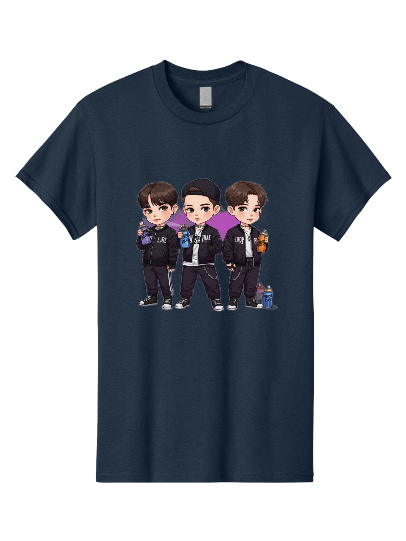 Chibi-Boys Men'S Graphic Tee, 100% Cotton, Comfortable Casual Summer Wear, Machine Washable, Three Boys In Black Jackets, Streetwear Fashion, Casual Style, Young Males, Holding Cans, Urban Look, Lrc, Hiac, Srof, Graffiti Style, Kawaii Art, Bab733