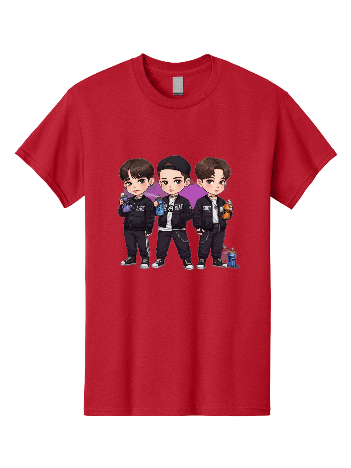Chibi-Boys Men'S Graphic Tee, 100% Cotton, Comfortable Casual Summer Wear, Machine Washable, Three Boys In Black Jackets, Streetwear Fashion, Casual Style, Young Males, Holding Cans, Urban Look, Lrc, Hiac, Srof, Graffiti Style, Kawaii Art, Bab733