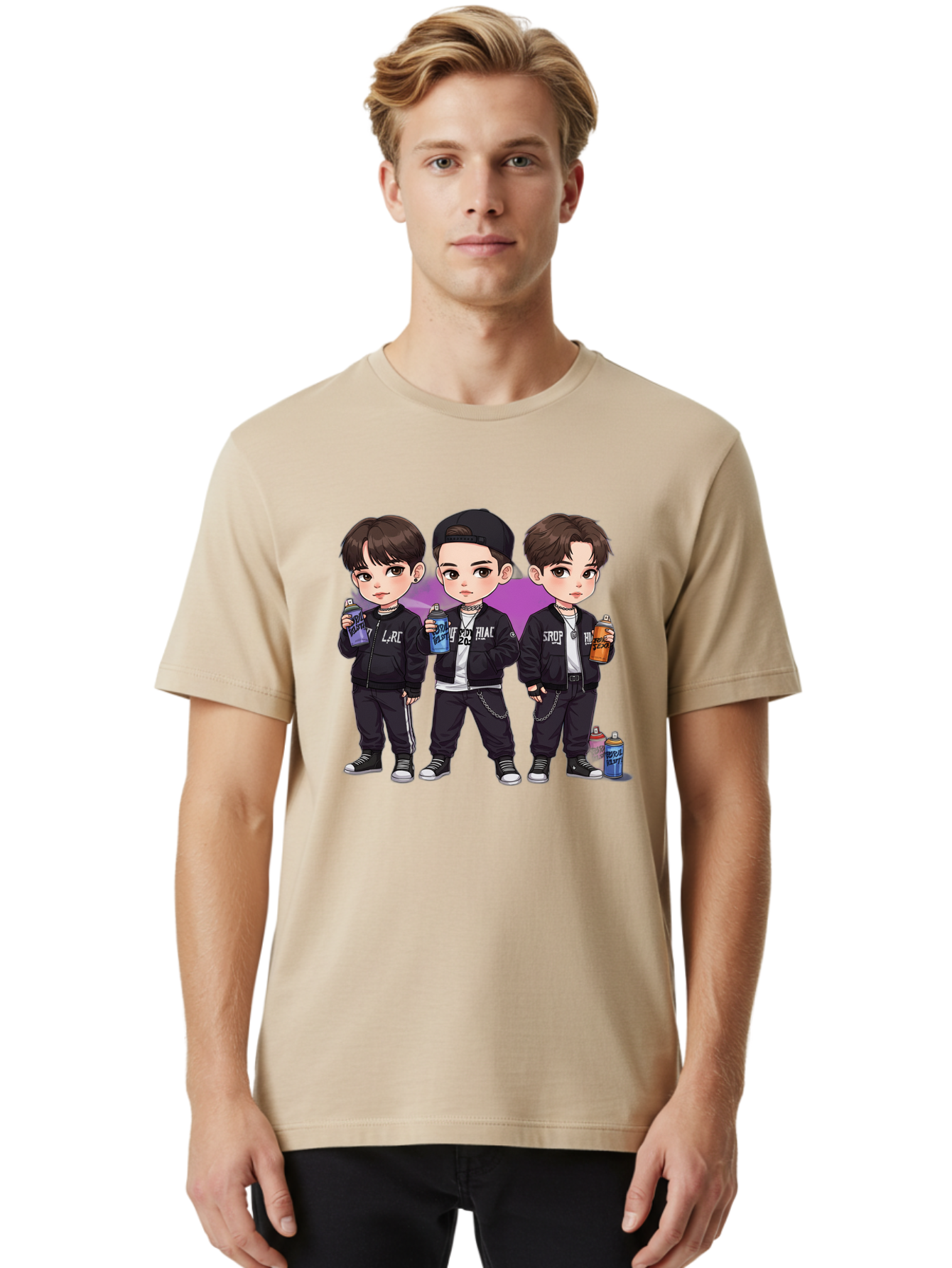 Chibi-Boys Men'S Graphic Tee, 100% Cotton, Comfortable Casual Summer Wear, Machine Washable, Three Boys In Black Jackets, Streetwear Fashion, Casual Style, Young Males, Holding Cans, Urban Look, Lrc, Hiac, Srof, Graffiti Style, Kawaii Art, Bab733
