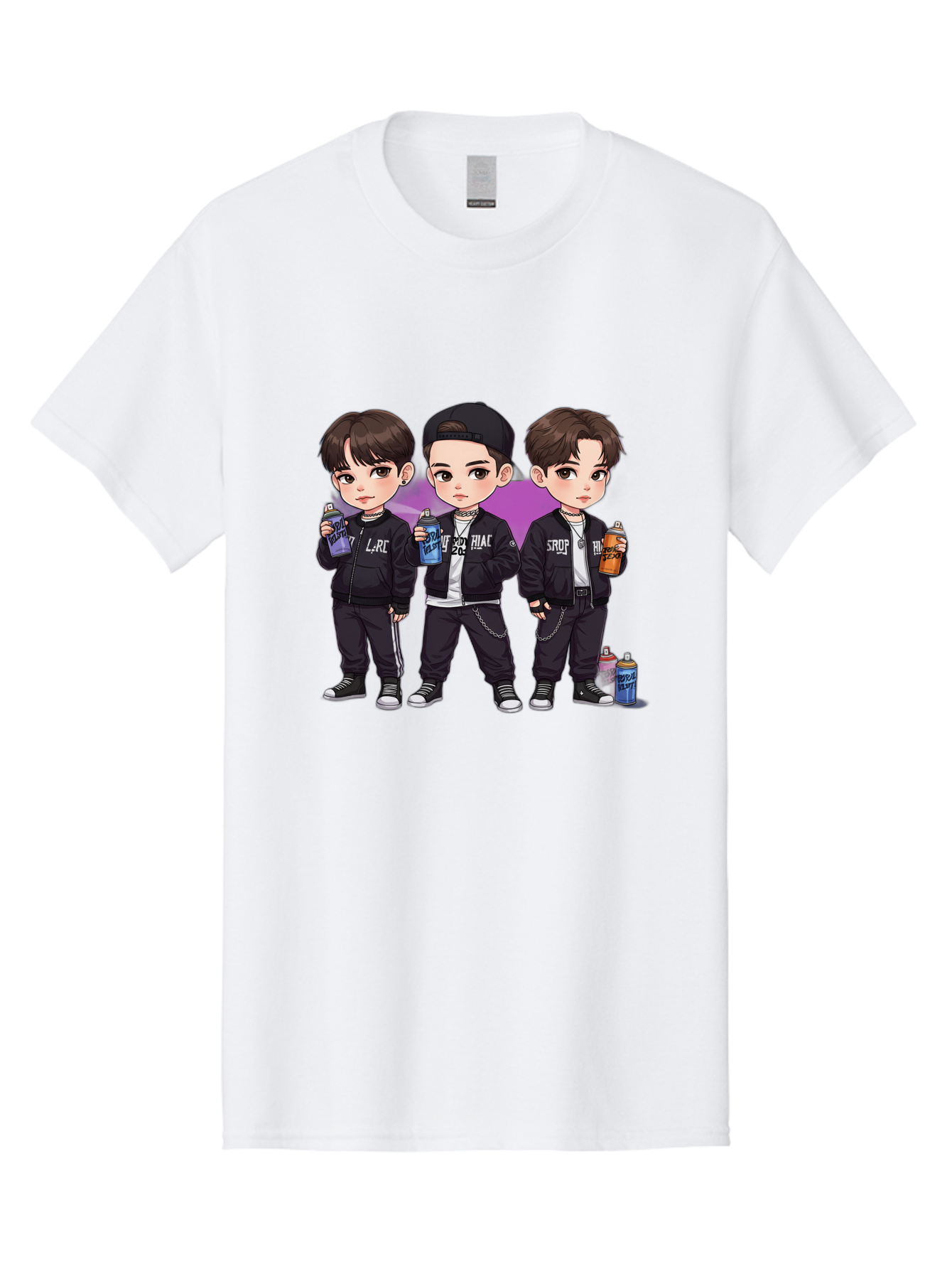 Chibi-Boys Men'S Graphic Tee, 100% Cotton, Comfortable Casual Summer Wear, Machine Washable, Three Boys In Black Jackets, Streetwear Fashion, Casual Style, Young Males, Holding Cans, Urban Look, Lrc, Hiac, Srof, Graffiti Style, Kawaii Art, Bab733