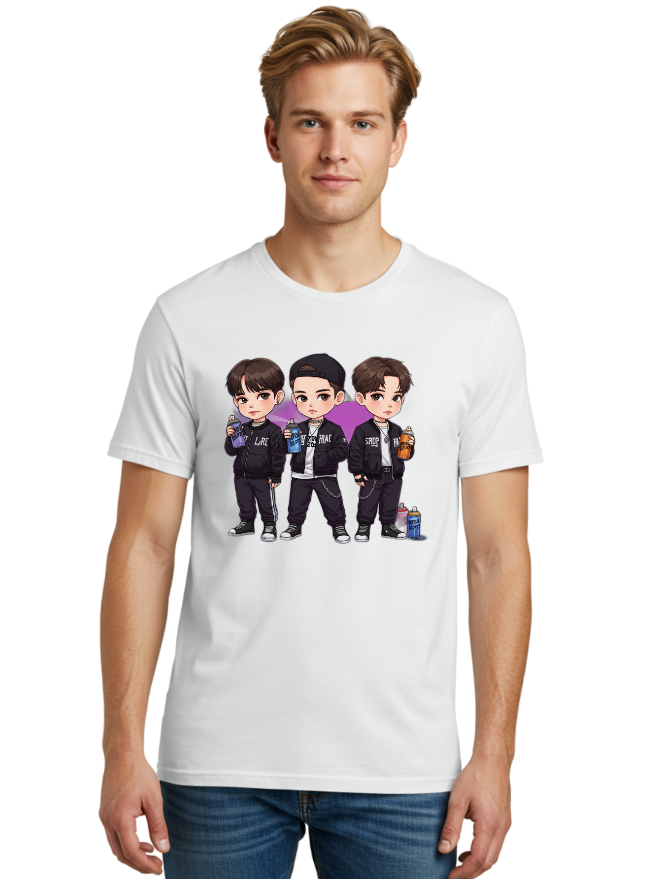 Chibi-Boys Men'S Graphic Tee, 100% Cotton, Comfortable Casual Summer Wear, Machine Washable, Three Boys In Black Jackets, Streetwear Fashion, Casual Style, Young Males, Holding Cans, Urban Look, Lrc, Hiac, Srof, Graffiti Style, Kawaii Art, Bab733