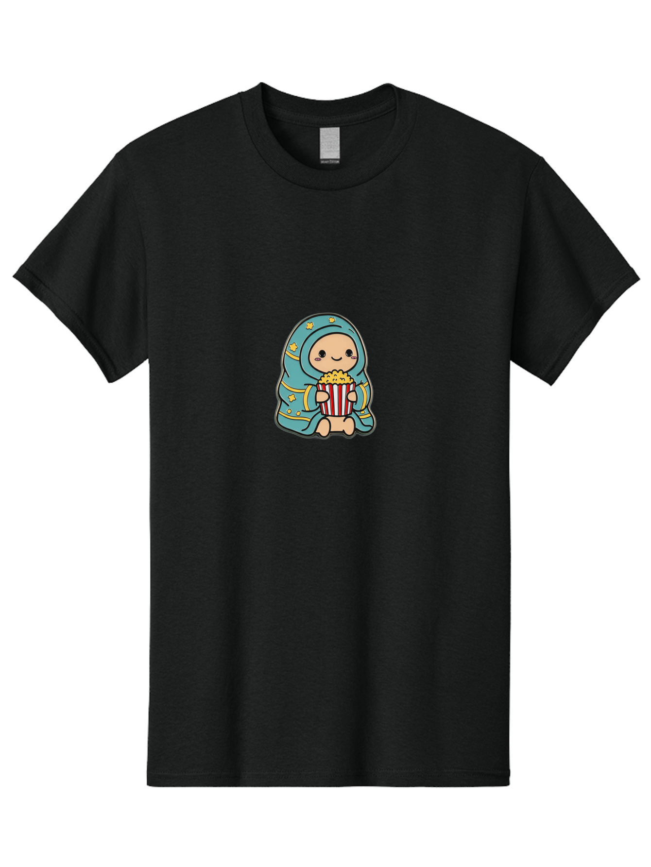 Child-With-Popcorn Men'S Graphic Tee, 100% Cotton, Comfortable Casual Summer Wear, Machine Washable, Cartoon Character, Blue Hijab, Yellow Stars, Smiling Face, Red And White Popcorn Bucket, Yellow Popcorn, Cinematic Experience, Bab735