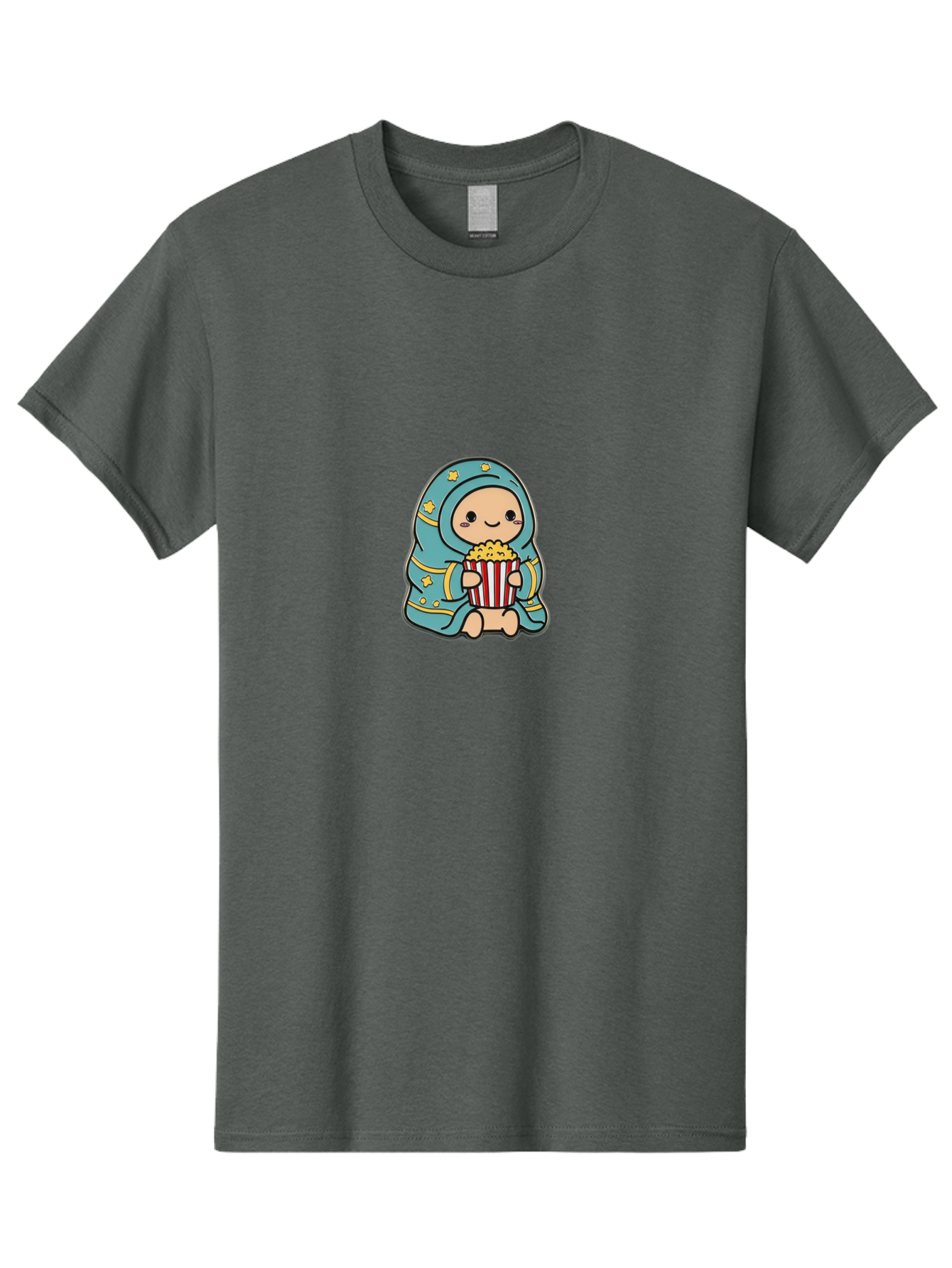 Child-With-Popcorn Men'S Graphic Tee, 100% Cotton, Comfortable Casual Summer Wear, Machine Washable, Cartoon Character, Blue Hijab, Yellow Stars, Smiling Face, Red And White Popcorn Bucket, Yellow Popcorn, Cinematic Experience, Bab735