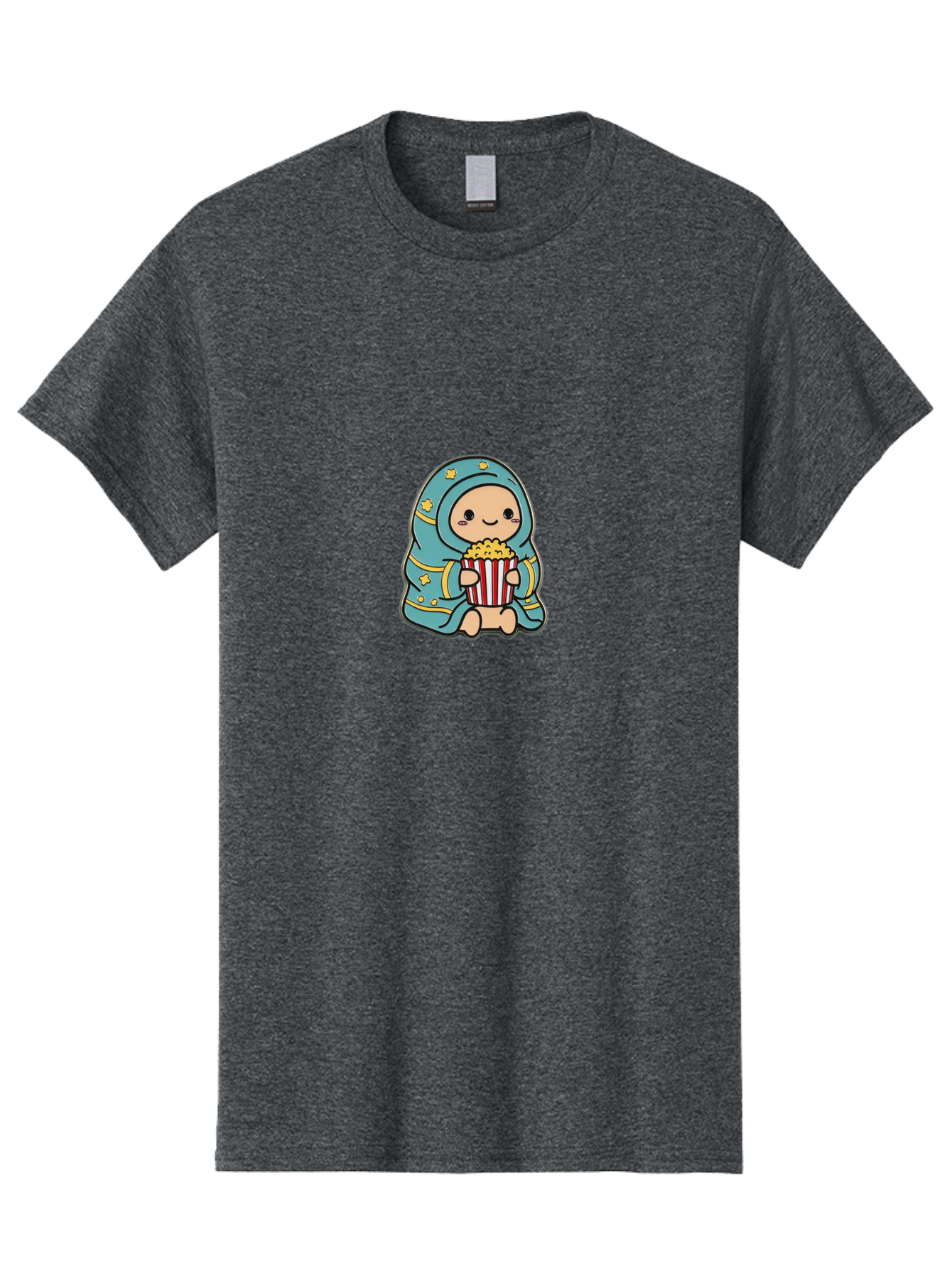 Child-With-Popcorn Men'S Graphic Tee, 100% Cotton, Comfortable Casual Summer Wear, Machine Washable, Cartoon Character, Blue Hijab, Yellow Stars, Smiling Face, Red And White Popcorn Bucket, Yellow Popcorn, Cinematic Experience, Bab735