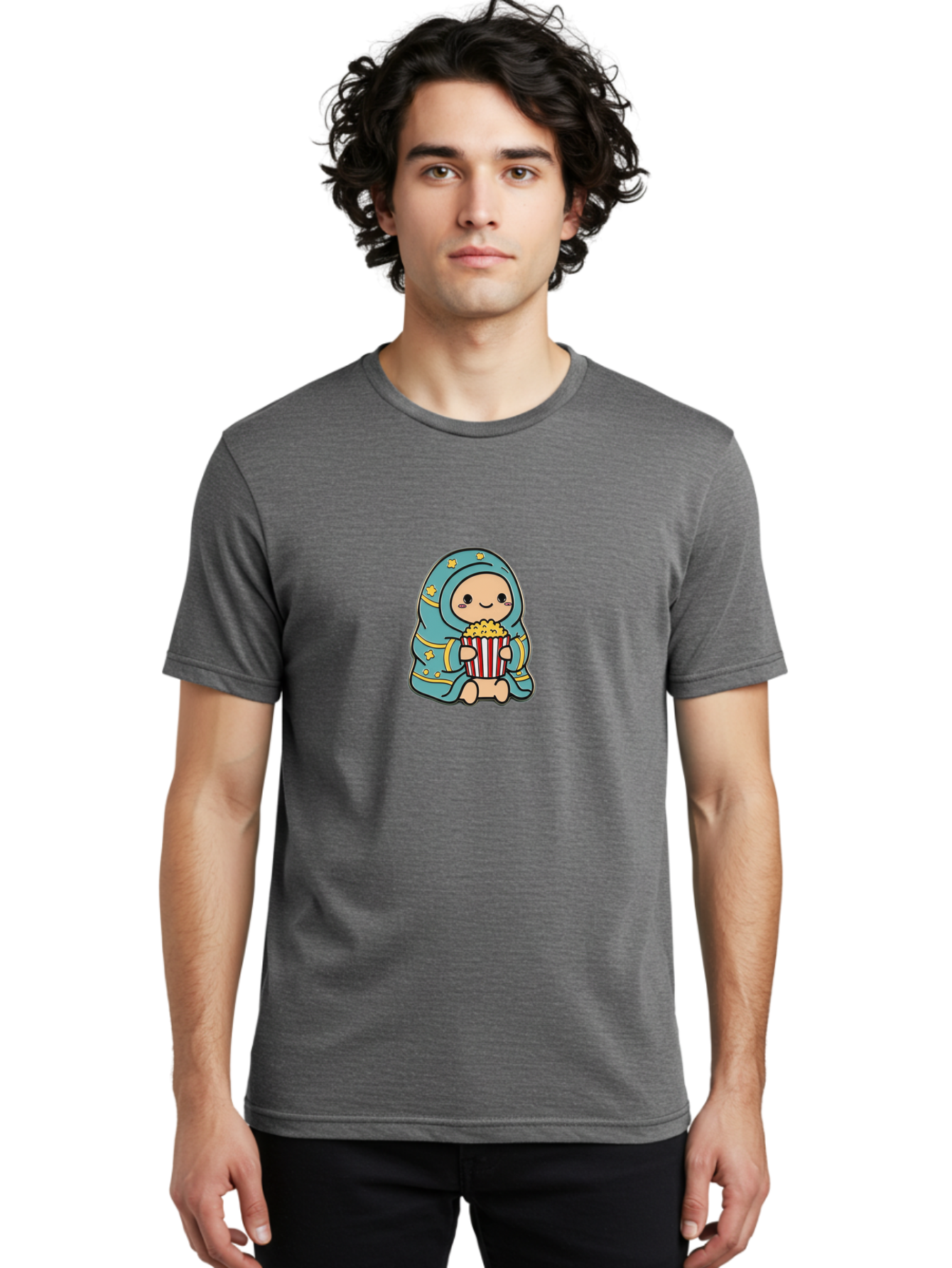 Child-With-Popcorn Men'S Graphic Tee, 100% Cotton, Comfortable Casual Summer Wear, Machine Washable, Cartoon Character, Blue Hijab, Yellow Stars, Smiling Face, Red And White Popcorn Bucket, Yellow Popcorn, Cinematic Experience, Bab735