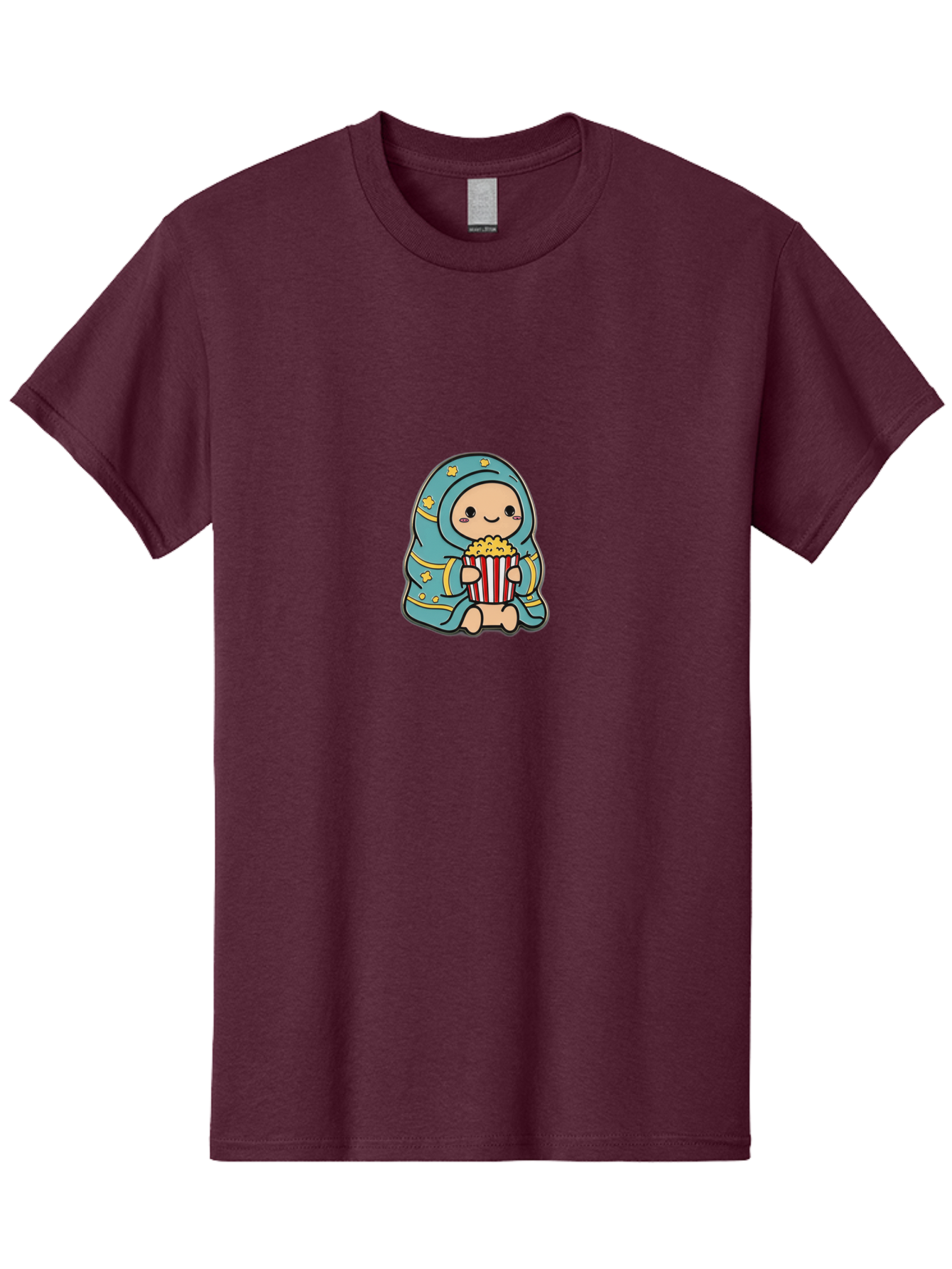 Child-With-Popcorn Men'S Graphic Tee, 100% Cotton, Comfortable Casual Summer Wear, Machine Washable, Cartoon Character, Blue Hijab, Yellow Stars, Smiling Face, Red And White Popcorn Bucket, Yellow Popcorn, Cinematic Experience, Bab735