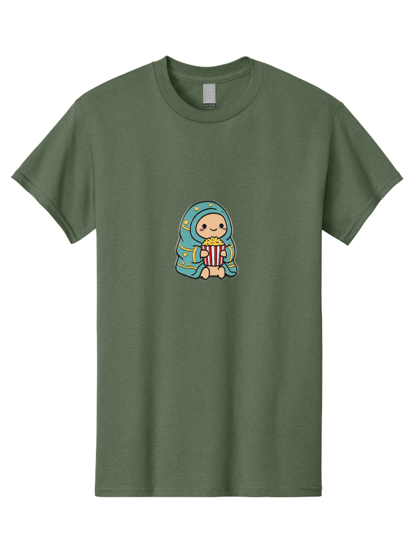 Child-With-Popcorn Men'S Graphic Tee, 100% Cotton, Comfortable Casual Summer Wear, Machine Washable, Cartoon Character, Blue Hijab, Yellow Stars, Smiling Face, Red And White Popcorn Bucket, Yellow Popcorn, Cinematic Experience, Bab735