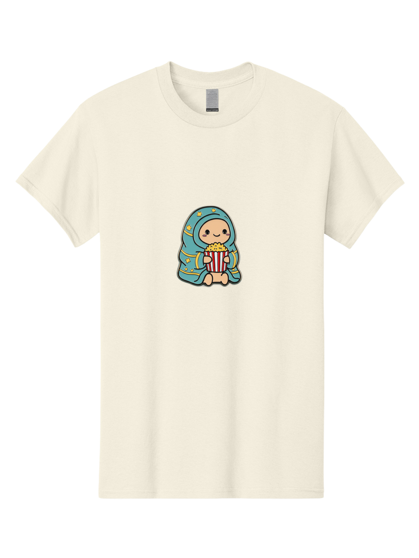 Child-With-Popcorn Men'S Graphic Tee, 100% Cotton, Comfortable Casual Summer Wear, Machine Washable, Cartoon Character, Blue Hijab, Yellow Stars, Smiling Face, Red And White Popcorn Bucket, Yellow Popcorn, Cinematic Experience, Bab735