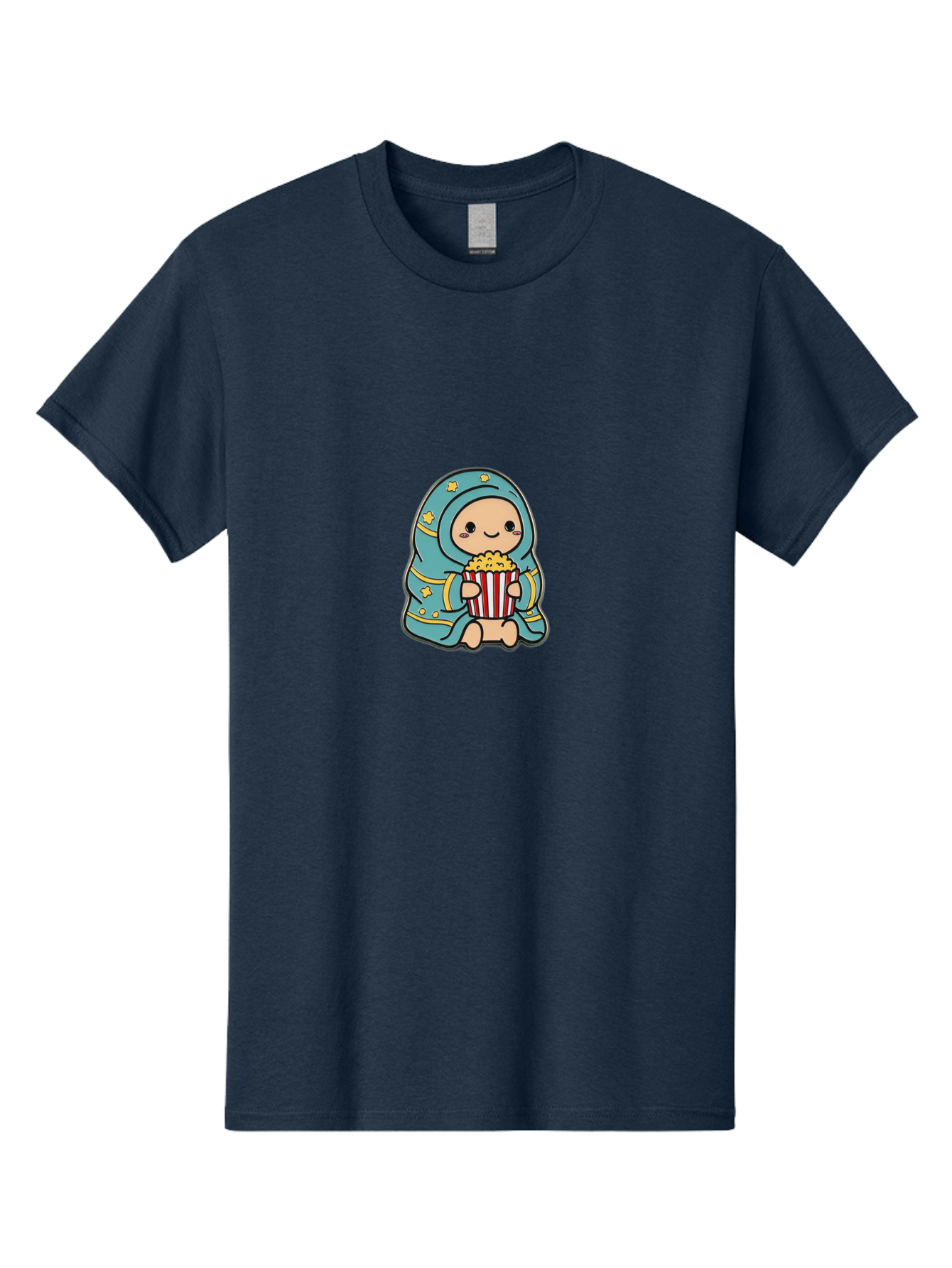 Child-With-Popcorn Men'S Graphic Tee, 100% Cotton, Comfortable Casual Summer Wear, Machine Washable, Cartoon Character, Blue Hijab, Yellow Stars, Smiling Face, Red And White Popcorn Bucket, Yellow Popcorn, Cinematic Experience, Bab735