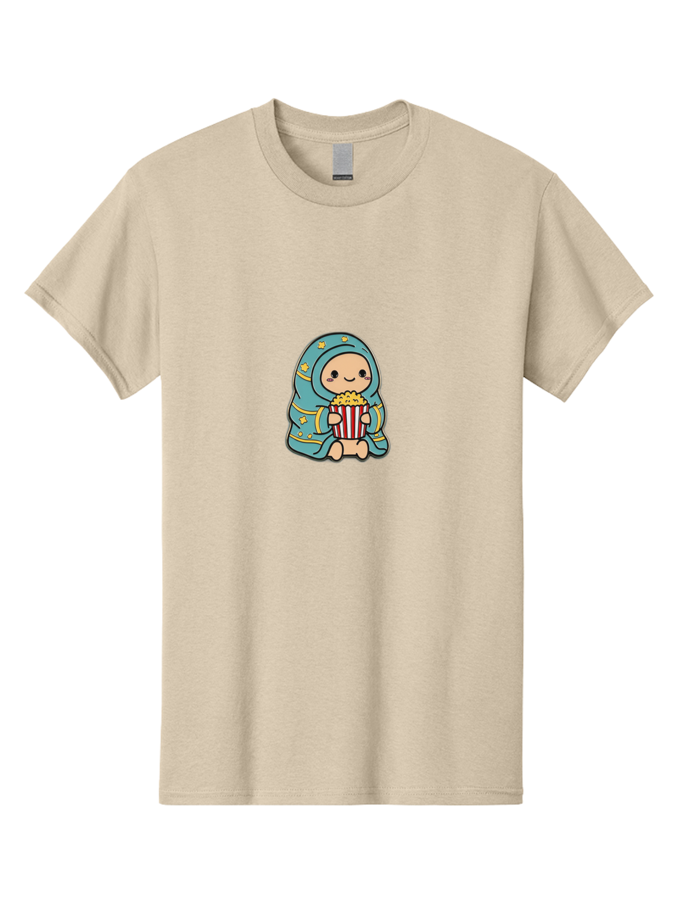 Child-With-Popcorn Men'S Graphic Tee, 100% Cotton, Comfortable Casual Summer Wear, Machine Washable, Cartoon Character, Blue Hijab, Yellow Stars, Smiling Face, Red And White Popcorn Bucket, Yellow Popcorn, Cinematic Experience, Bab735