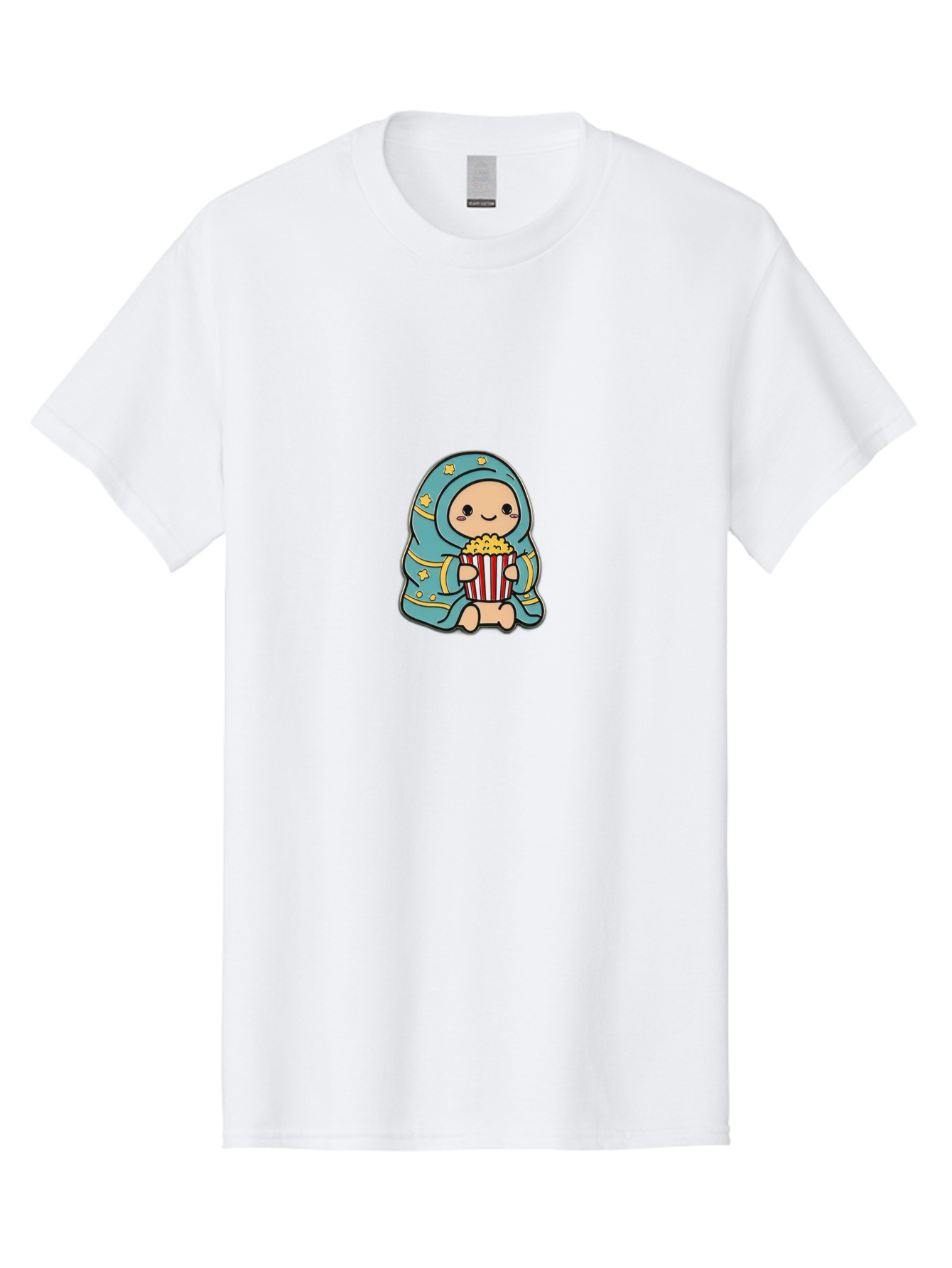 Child-With-Popcorn Men'S Graphic Tee, 100% Cotton, Comfortable Casual Summer Wear, Machine Washable, Cartoon Character, Blue Hijab, Yellow Stars, Smiling Face, Red And White Popcorn Bucket, Yellow Popcorn, Cinematic Experience, Bab735