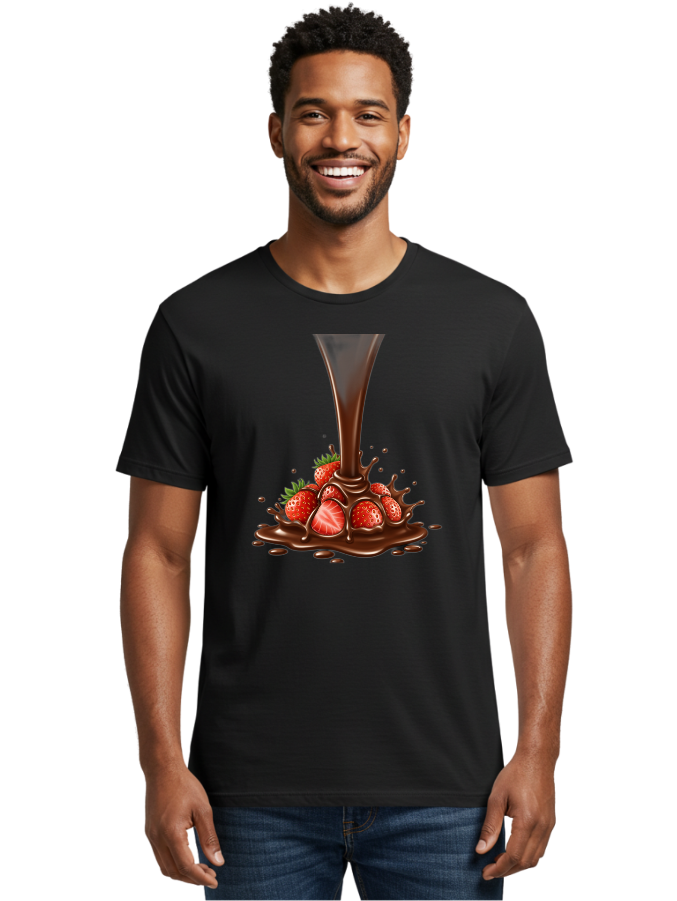 Chocolate-And-Strawberries Men'S Graphic Tee, 100% Cotton, Comfortable Casual Summer Wear, Machine Washable, Chocolate Sauce Pouring, Strawberries, Sweet Treat, Dessert, Indulgent, Chocolate Fondue, Strawberries And Chocolate, Dessert Lover, Bab737
