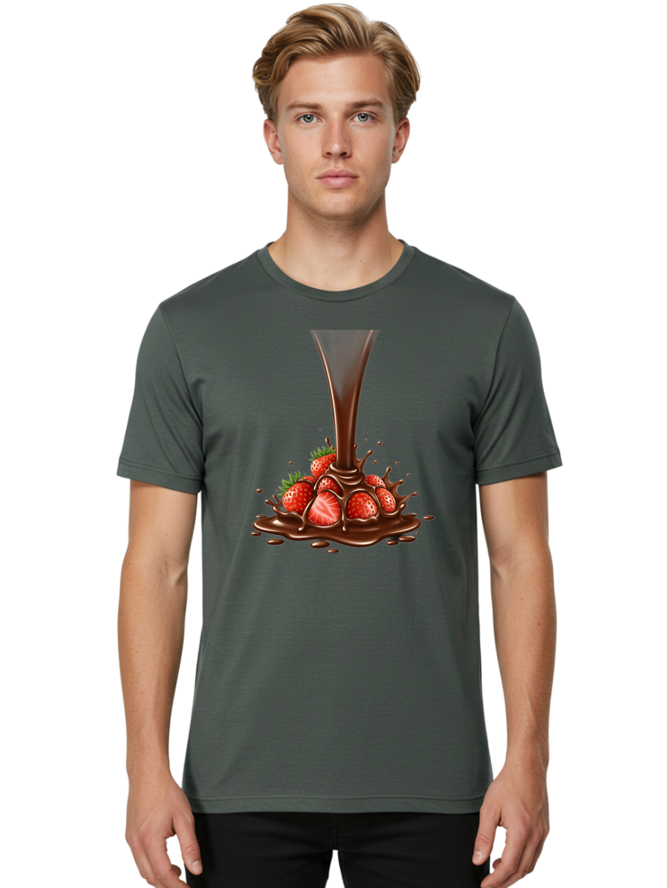 Chocolate-And-Strawberries Men'S Graphic Tee, 100% Cotton, Comfortable Casual Summer Wear, Machine Washable, Chocolate Sauce Pouring, Strawberries, Sweet Treat, Dessert, Indulgent, Chocolate Fondue, Strawberries And Chocolate, Dessert Lover, Bab737