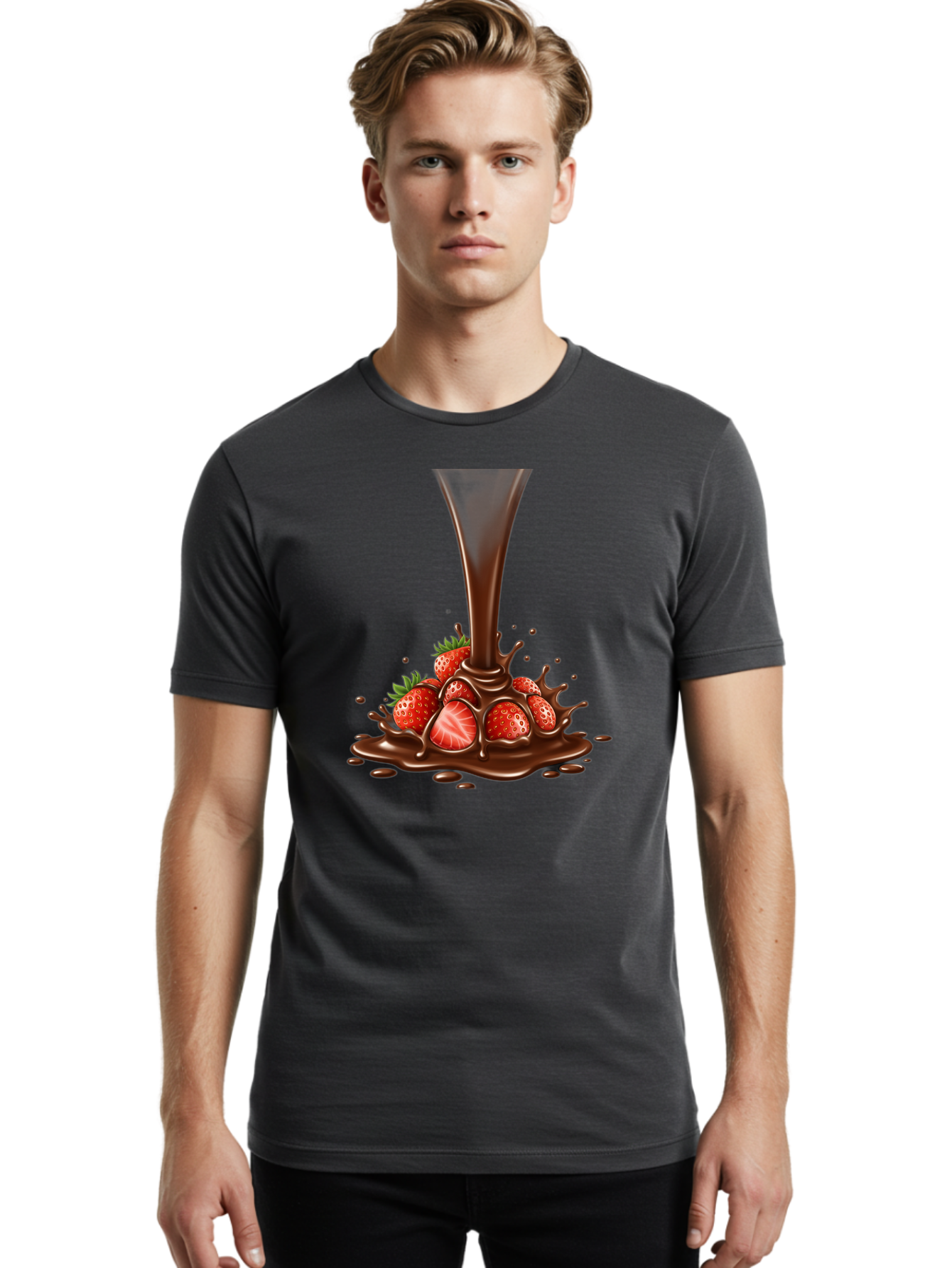 Chocolate-And-Strawberries Men'S Graphic Tee, 100% Cotton, Comfortable Casual Summer Wear, Machine Washable, Chocolate Sauce Pouring, Strawberries, Sweet Treat, Dessert, Indulgent, Chocolate Fondue, Strawberries And Chocolate, Dessert Lover, Bab737