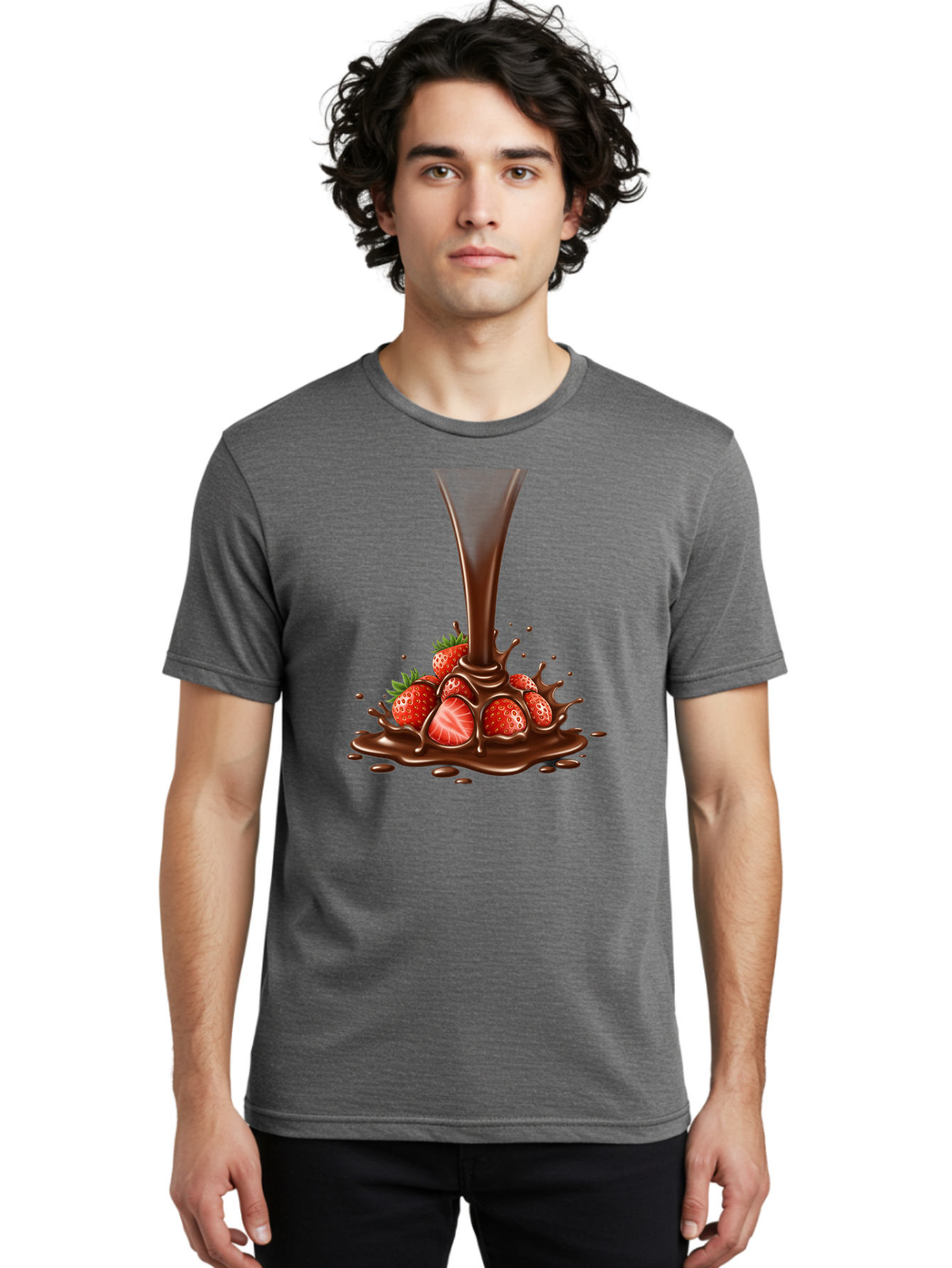 Chocolate-And-Strawberries Men'S Graphic Tee, 100% Cotton, Comfortable Casual Summer Wear, Machine Washable, Chocolate Sauce Pouring, Strawberries, Sweet Treat, Dessert, Indulgent, Chocolate Fondue, Strawberries And Chocolate, Dessert Lover, Bab737