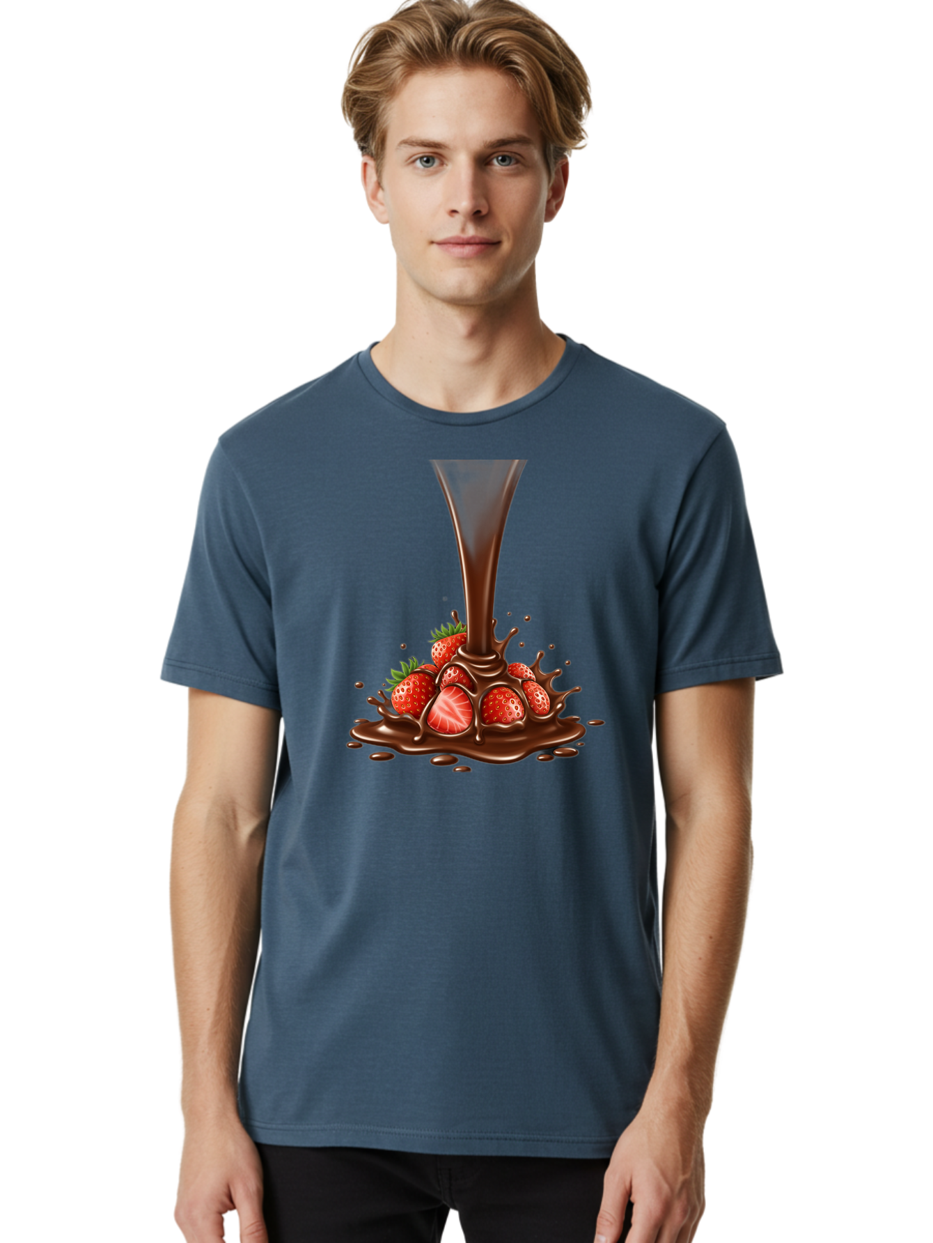 Chocolate-And-Strawberries Men'S Graphic Tee, 100% Cotton, Comfortable Casual Summer Wear, Machine Washable, Chocolate Sauce Pouring, Strawberries, Sweet Treat, Dessert, Indulgent, Chocolate Fondue, Strawberries And Chocolate, Dessert Lover, Bab737