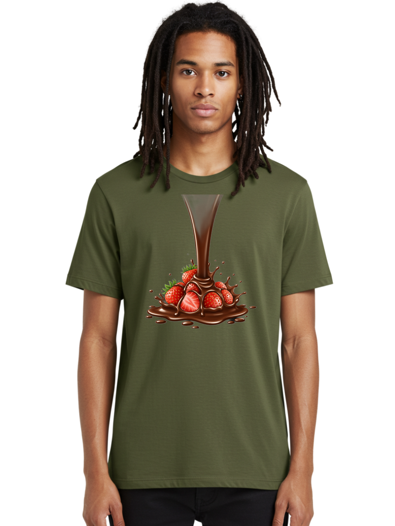 Chocolate-And-Strawberries Men'S Graphic Tee, 100% Cotton, Comfortable Casual Summer Wear, Machine Washable, Chocolate Sauce Pouring, Strawberries, Sweet Treat, Dessert, Indulgent, Chocolate Fondue, Strawberries And Chocolate, Dessert Lover, Bab737