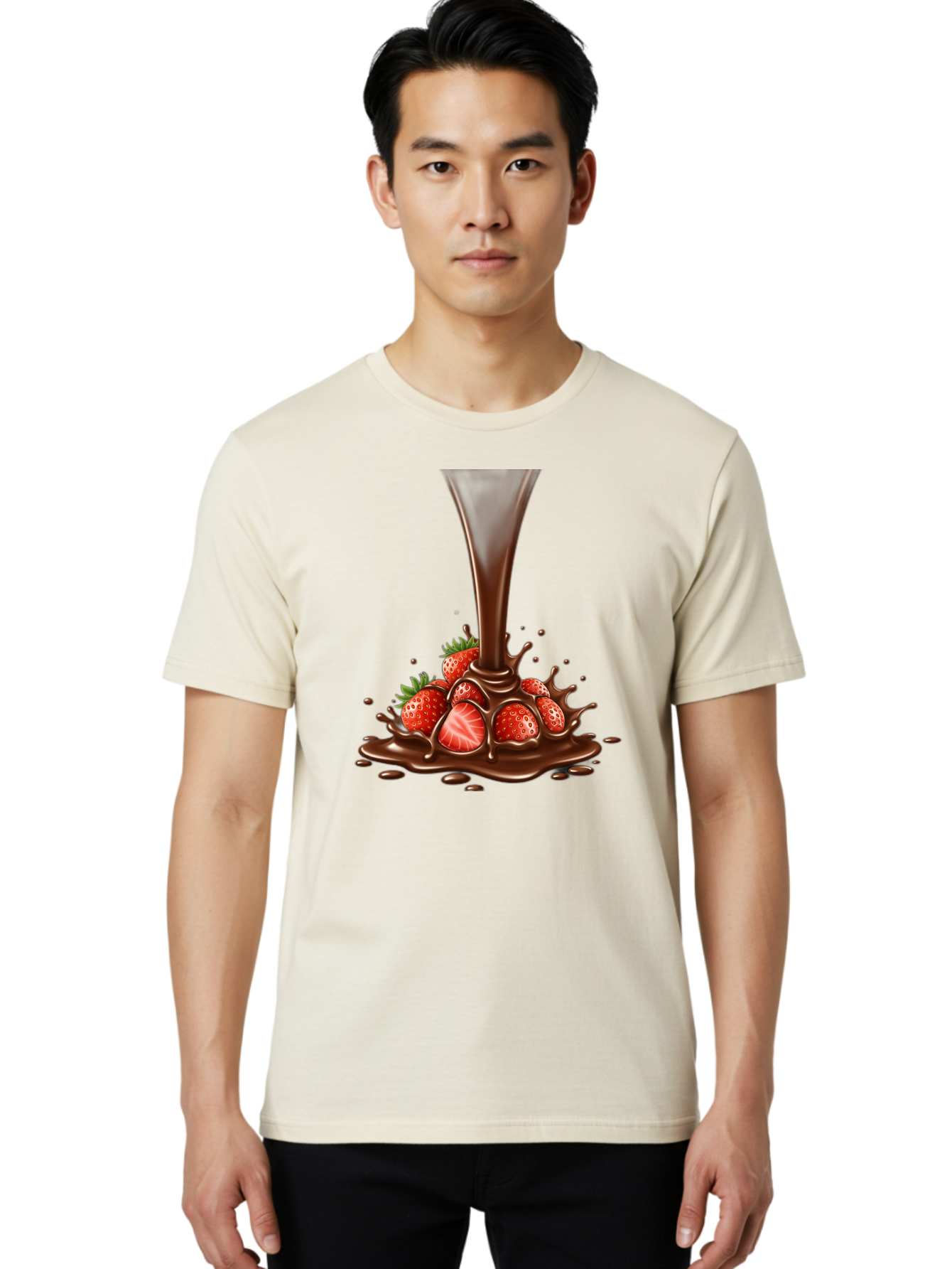Chocolate-And-Strawberries Men'S Graphic Tee, 100% Cotton, Comfortable Casual Summer Wear, Machine Washable, Chocolate Sauce Pouring, Strawberries, Sweet Treat, Dessert, Indulgent, Chocolate Fondue, Strawberries And Chocolate, Dessert Lover, Bab737