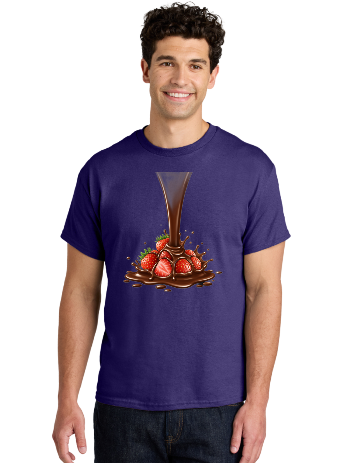 Chocolate-And-Strawberries Men'S Graphic Tee, 100% Cotton, Comfortable Casual Summer Wear, Machine Washable, Chocolate Sauce Pouring, Strawberries, Sweet Treat, Dessert, Indulgent, Chocolate Fondue, Strawberries And Chocolate, Dessert Lover, Bab737