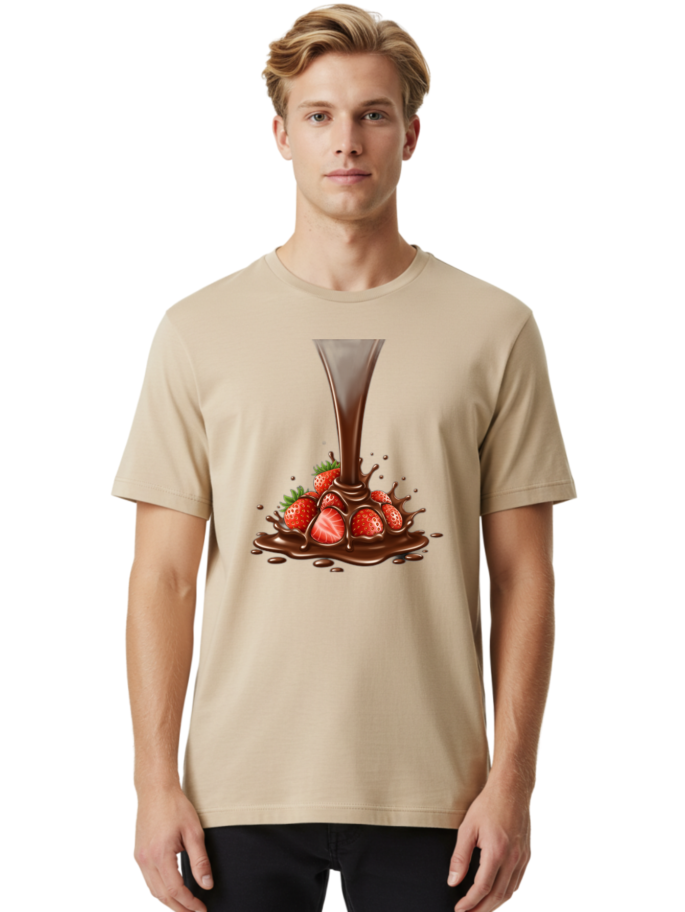 Chocolate-And-Strawberries Men'S Graphic Tee, 100% Cotton, Comfortable Casual Summer Wear, Machine Washable, Chocolate Sauce Pouring, Strawberries, Sweet Treat, Dessert, Indulgent, Chocolate Fondue, Strawberries And Chocolate, Dessert Lover, Bab737