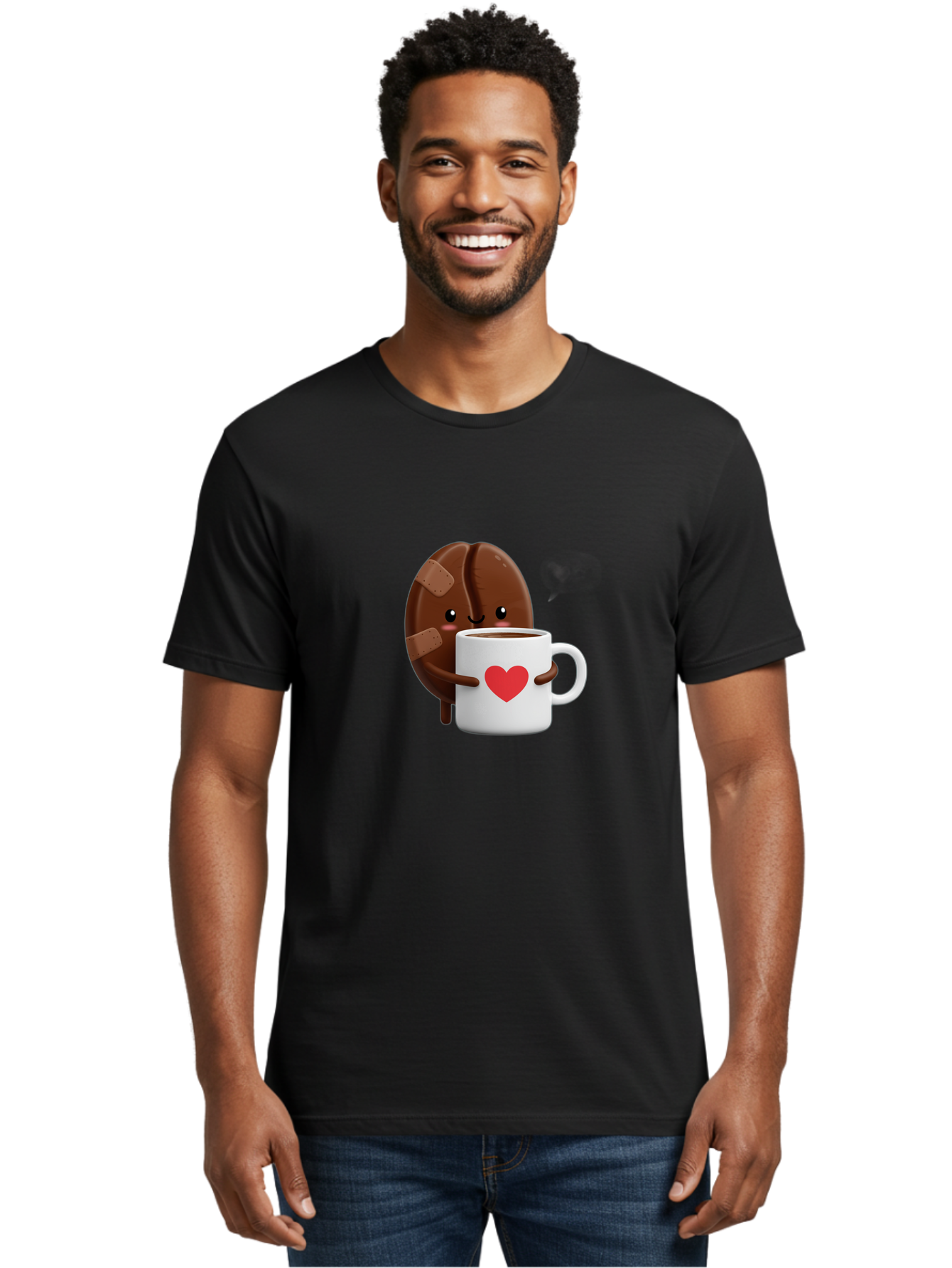 Chocolate-Cookie-Hugging-Coffee-Mug-1 Men'S Graphic Tee, 100% Cotton, Comfortable Casual Summer Wear, Machine Washable, Chocolate Cookie, Cartoon Cookie, Coffee Mug, Heart Design, Cute Illustration, Coffee Break, Bandaged Cookie, Happy Face, Bab738