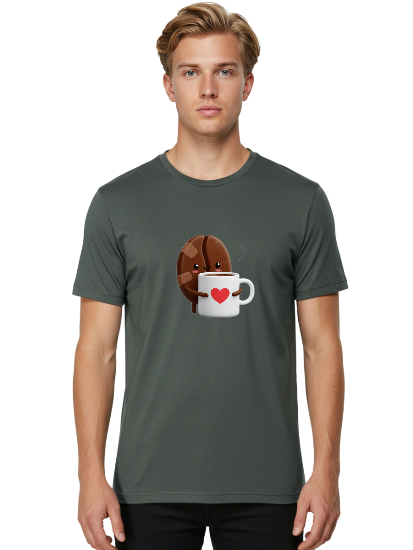 Chocolate-Cookie-Hugging-Coffee-Mug-1 Men'S Graphic Tee, 100% Cotton, Comfortable Casual Summer Wear, Machine Washable, Chocolate Cookie, Cartoon Cookie, Coffee Mug, Heart Design, Cute Illustration, Coffee Break, Bandaged Cookie, Happy Face, Bab738
