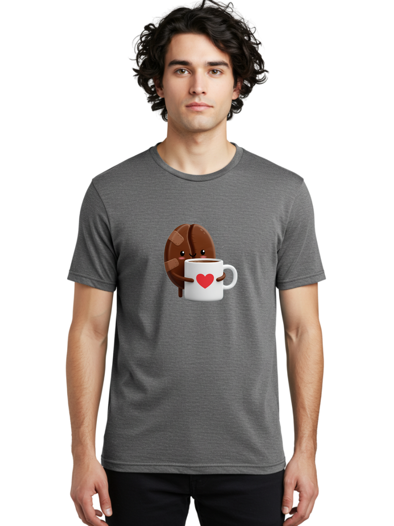 Chocolate-Cookie-Hugging-Coffee-Mug-1 Men'S Graphic Tee, 100% Cotton, Comfortable Casual Summer Wear, Machine Washable, Chocolate Cookie, Cartoon Cookie, Coffee Mug, Heart Design, Cute Illustration, Coffee Break, Bandaged Cookie, Happy Face, Bab738