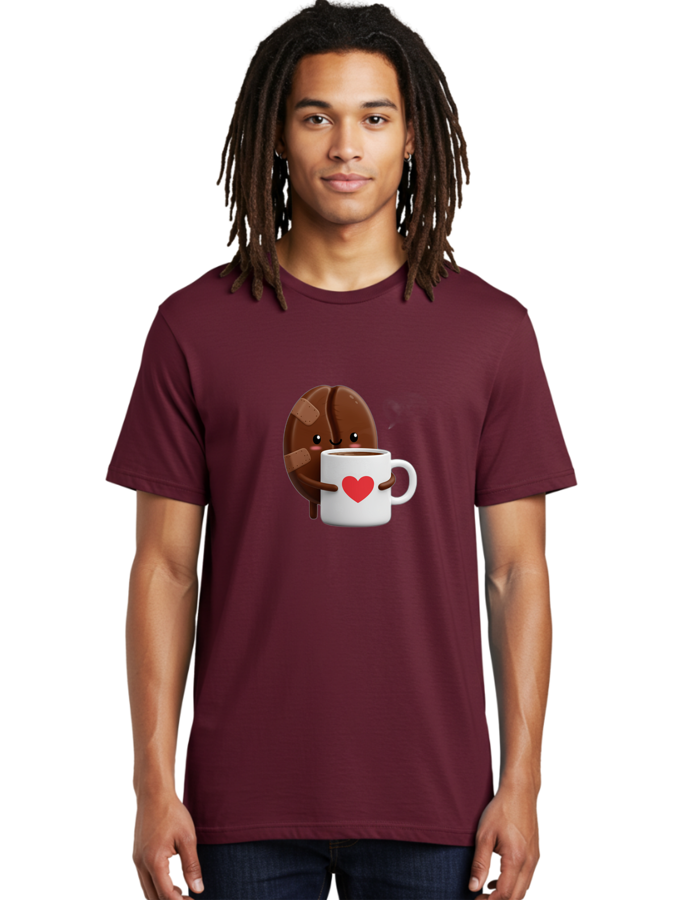 Chocolate-Cookie-Hugging-Coffee-Mug-1 Men'S Graphic Tee, 100% Cotton, Comfortable Casual Summer Wear, Machine Washable, Chocolate Cookie, Cartoon Cookie, Coffee Mug, Heart Design, Cute Illustration, Coffee Break, Bandaged Cookie, Happy Face, Bab738