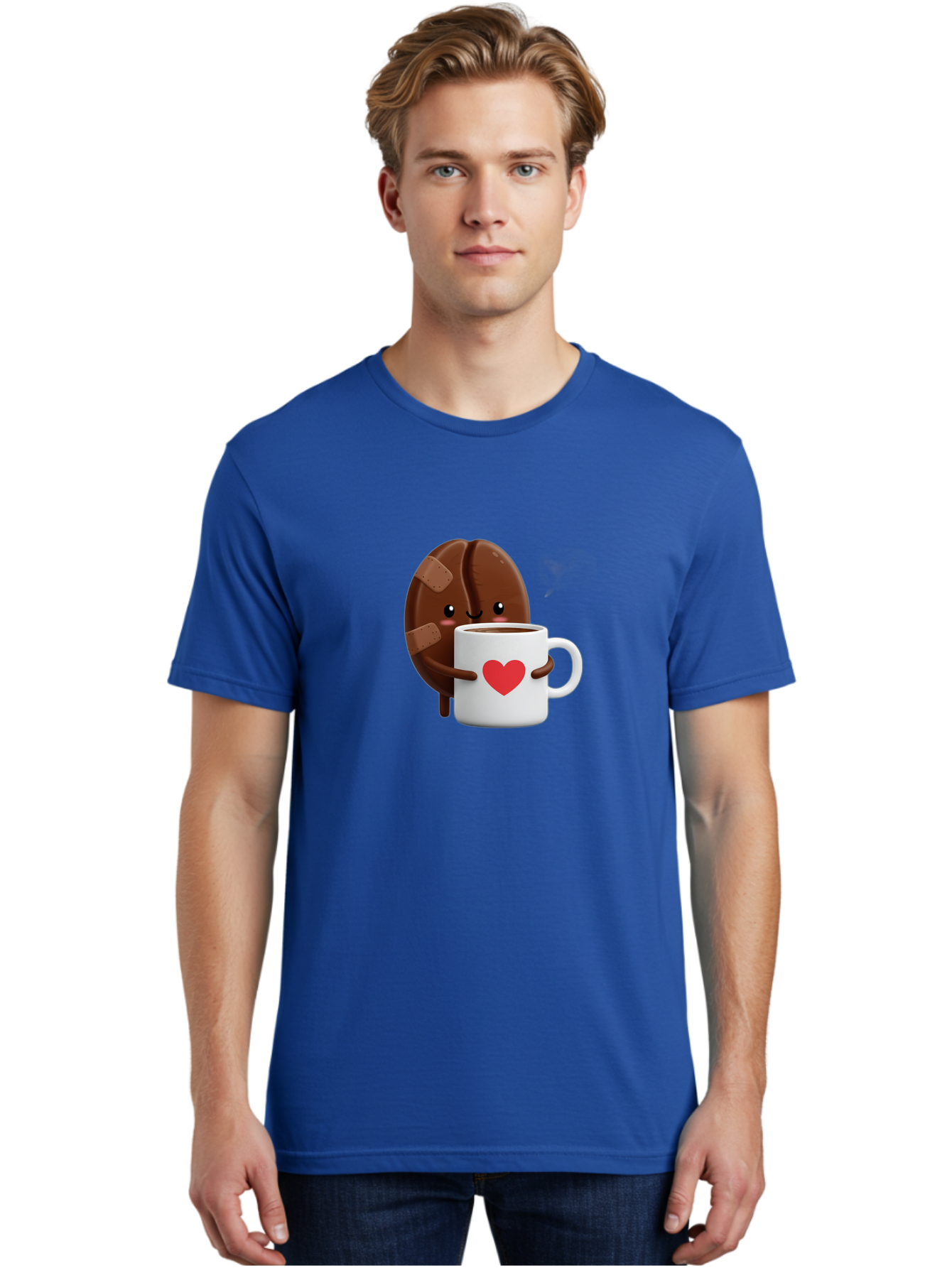 Chocolate-Cookie-Hugging-Coffee-Mug-1 Men'S Graphic Tee, 100% Cotton, Comfortable Casual Summer Wear, Machine Washable, Chocolate Cookie, Cartoon Cookie, Coffee Mug, Heart Design, Cute Illustration, Coffee Break, Bandaged Cookie, Happy Face, Bab738