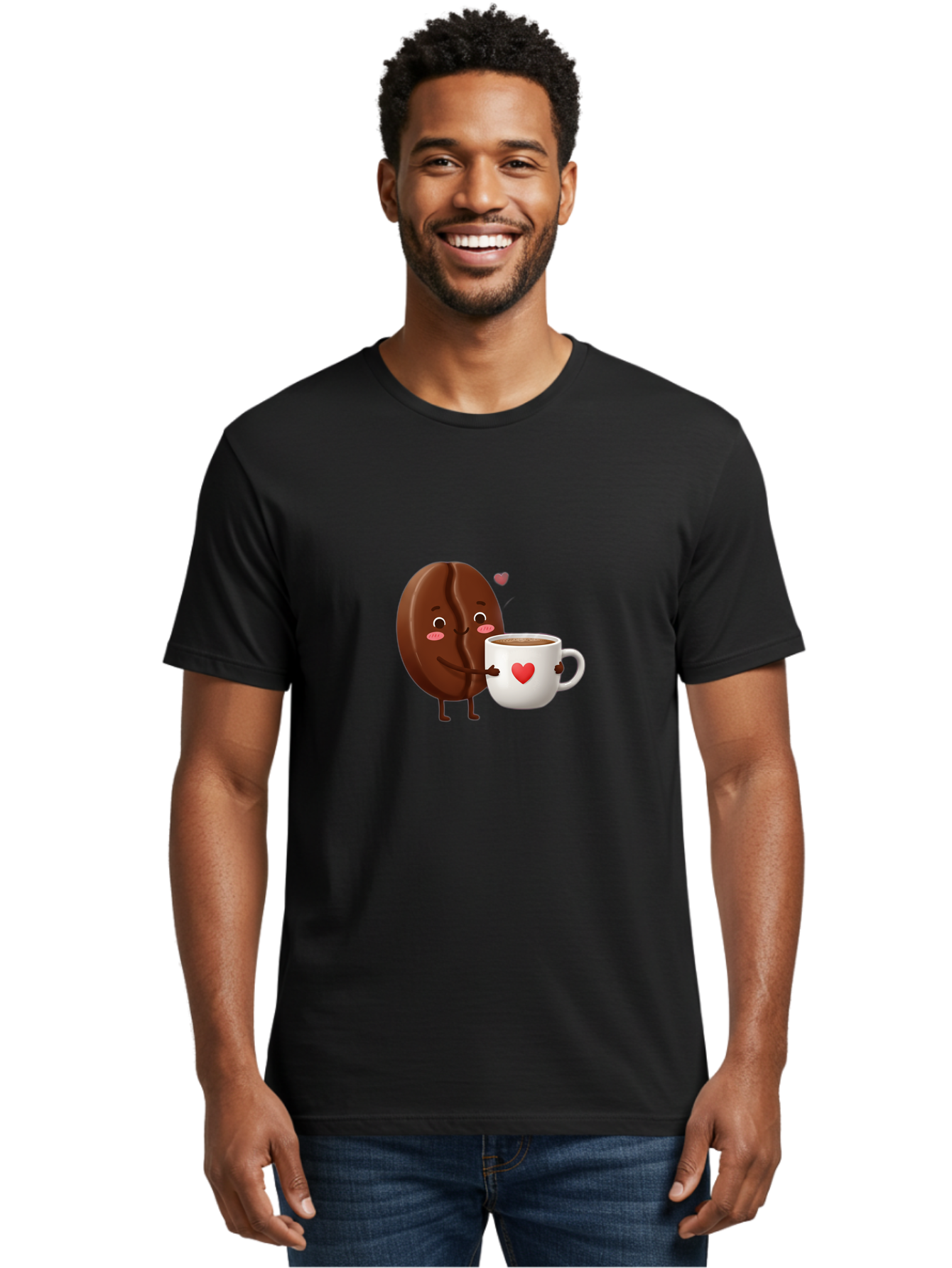 Chocolate-Cookie-Hugging-Coffee-Mug Men'S Graphic Tee, 100% Cotton, Comfortable Casual Summer Wear, Machine Washable, Chocolate Cookie, Cute Character, Coffee Mug, Heart Design, Adorable Scene, Sweet Treats, Cartoon Characters, Bab739