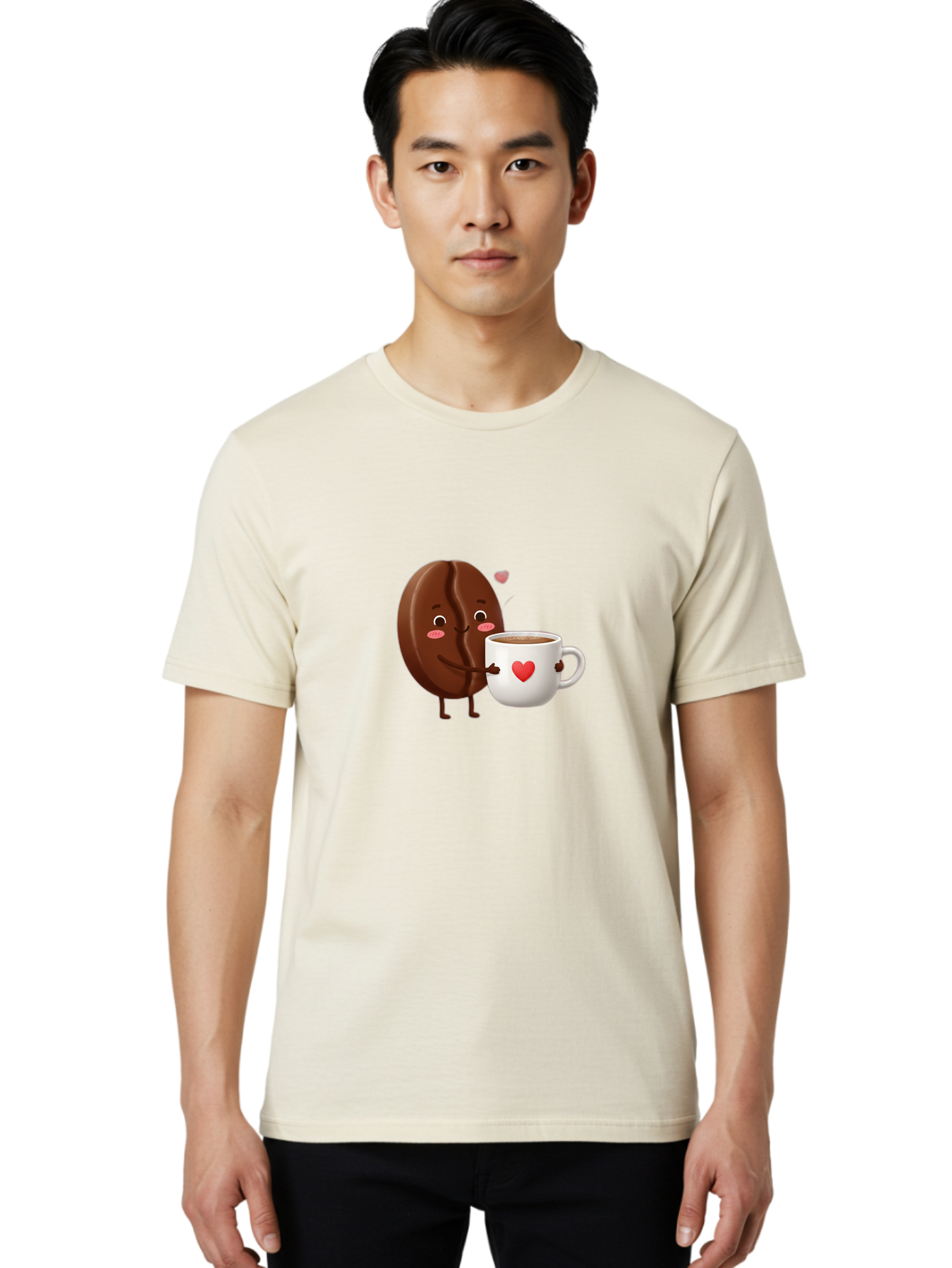 Chocolate-Cookie-Hugging-Coffee-Mug Men'S Graphic Tee, 100% Cotton, Comfortable Casual Summer Wear, Machine Washable, Chocolate Cookie, Cute Character, Coffee Mug, Heart Design, Adorable Scene, Sweet Treats, Cartoon Characters, Bab739