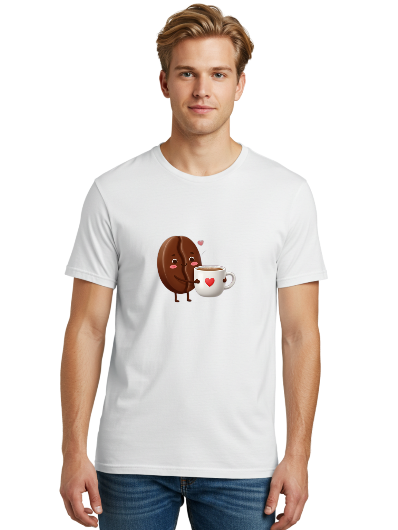 Chocolate-Cookie-Hugging-Coffee-Mug Men'S Graphic Tee, 100% Cotton, Comfortable Casual Summer Wear, Machine Washable, Chocolate Cookie, Cute Character, Coffee Mug, Heart Design, Adorable Scene, Sweet Treats, Cartoon Characters, Bab739