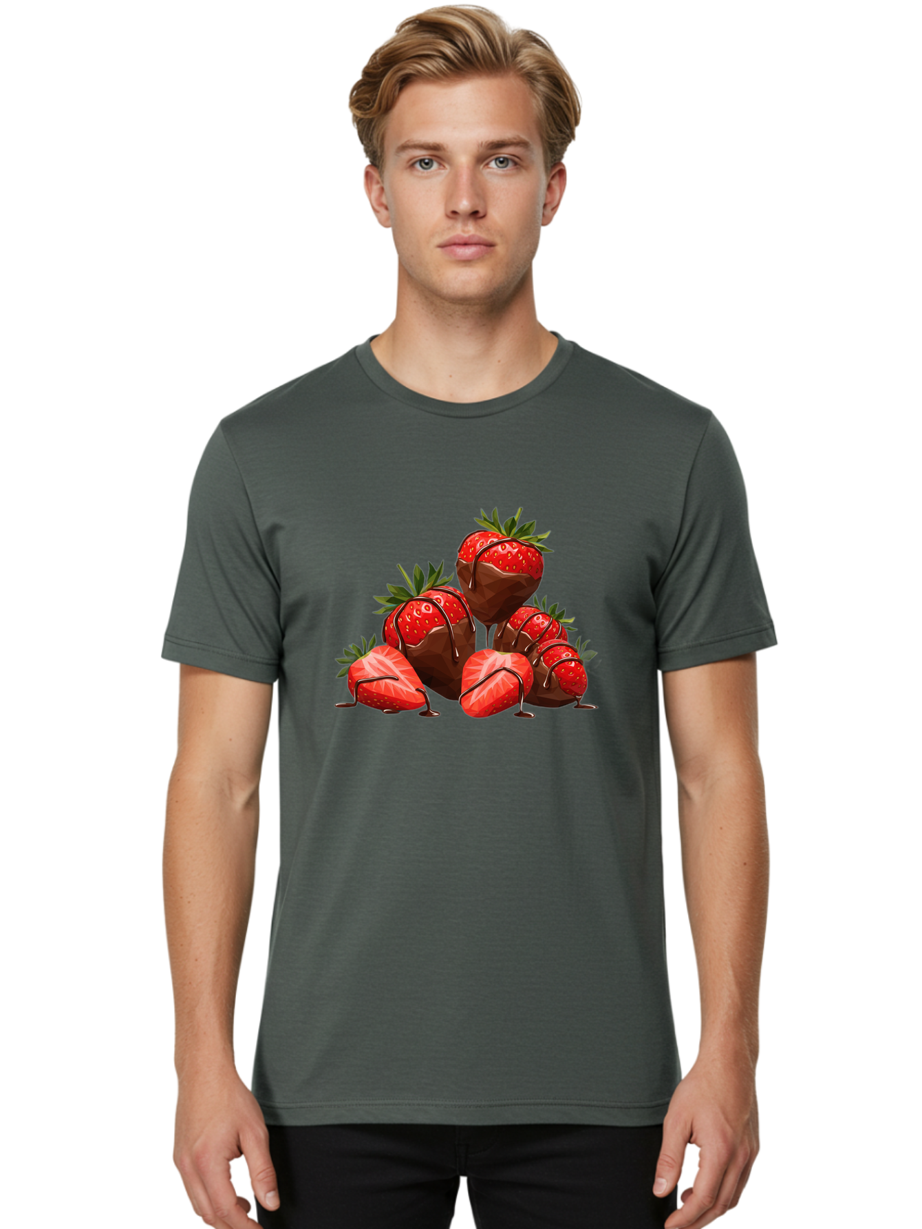 Chocolate-Covered-Strawberries-1 Men'S Graphic Tee, 100% Cotton, Comfortable Casual Summer Wear, Machine Washable, Chocolate Covered Strawberries, Sweet Treats, Indulgent Dessert, Ripe Strawberries, Chocolate Drizzle, Decadent, Luxurious, Bab740