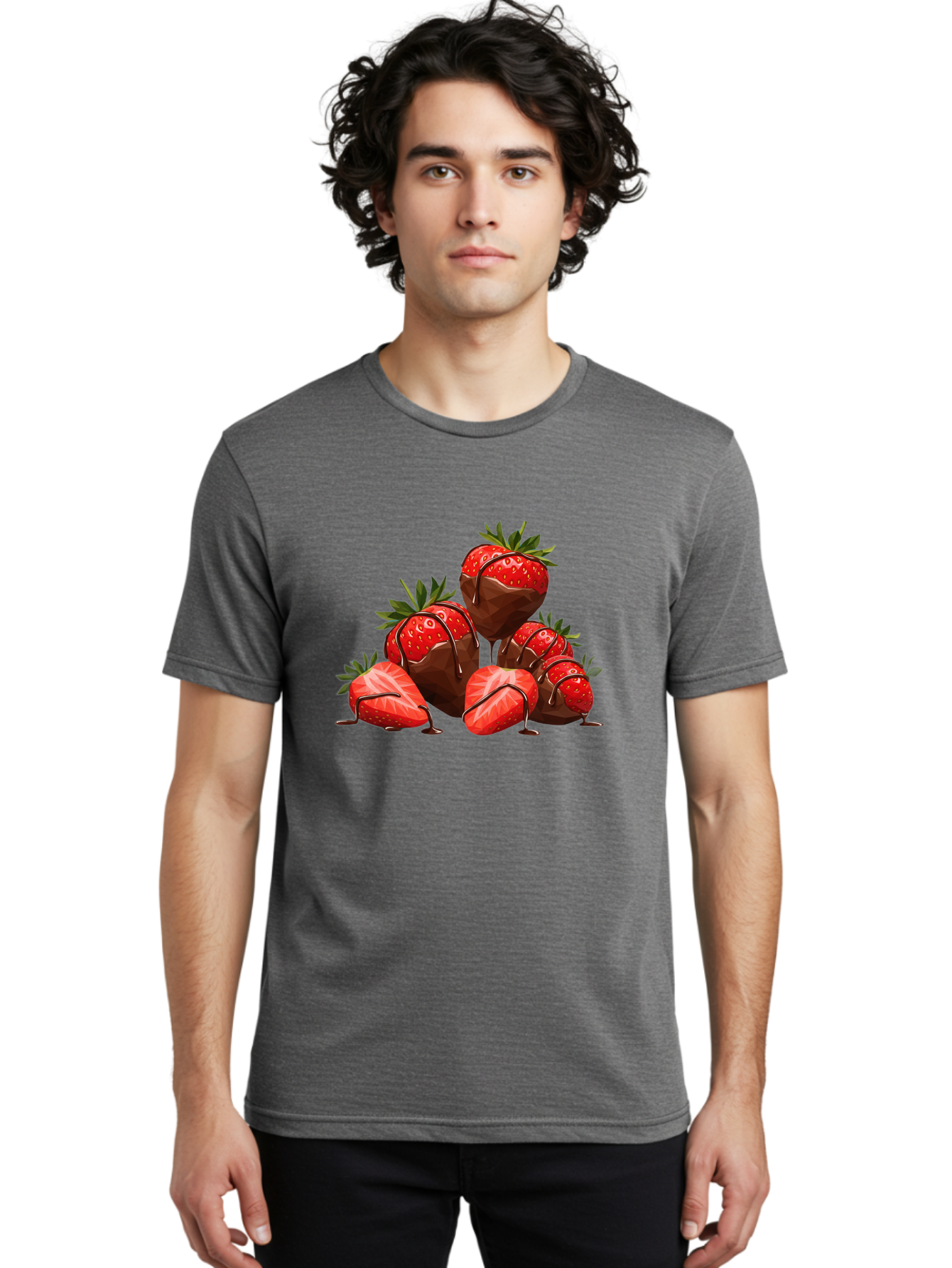 Chocolate-Covered-Strawberries-1 Men'S Graphic Tee, 100% Cotton, Comfortable Casual Summer Wear, Machine Washable, Chocolate Covered Strawberries, Sweet Treats, Indulgent Dessert, Ripe Strawberries, Chocolate Drizzle, Decadent, Luxurious, Bab740