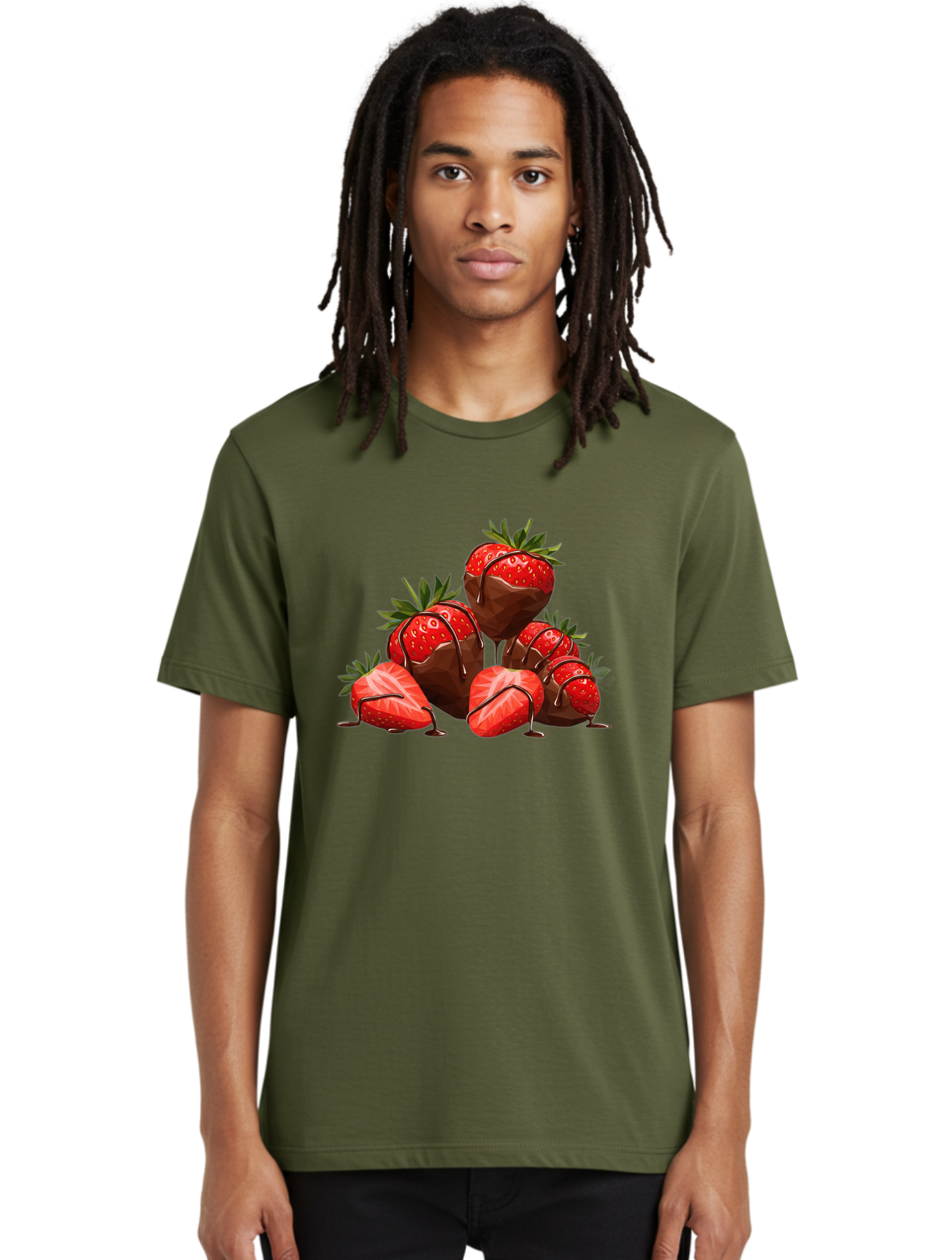 Chocolate-Covered-Strawberries-1 Men'S Graphic Tee, 100% Cotton, Comfortable Casual Summer Wear, Machine Washable, Chocolate Covered Strawberries, Sweet Treats, Indulgent Dessert, Ripe Strawberries, Chocolate Drizzle, Decadent, Luxurious, Bab740