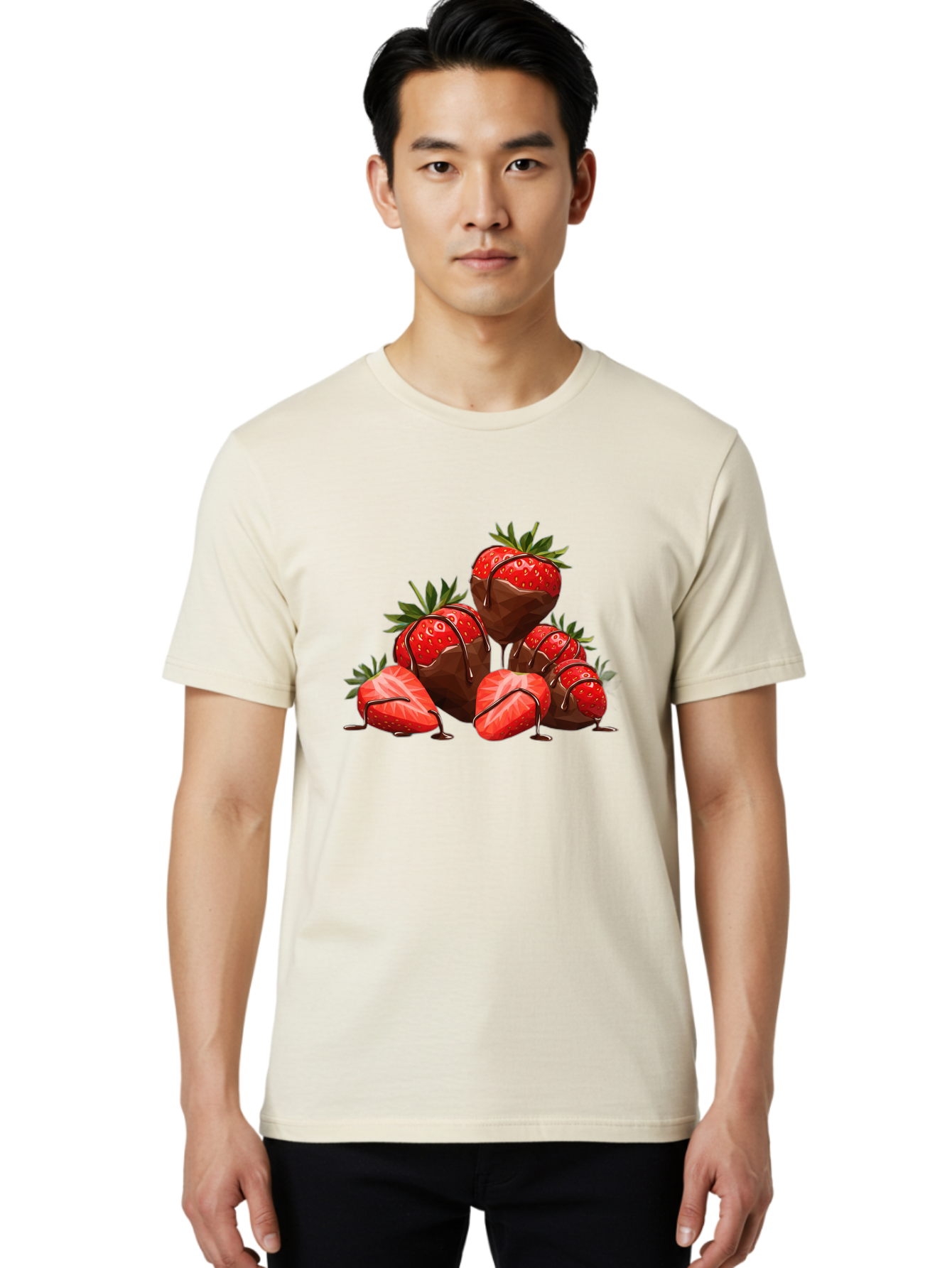 Chocolate-Covered-Strawberries-1 Men'S Graphic Tee, 100% Cotton, Comfortable Casual Summer Wear, Machine Washable, Chocolate Covered Strawberries, Sweet Treats, Indulgent Dessert, Ripe Strawberries, Chocolate Drizzle, Decadent, Luxurious, Bab740