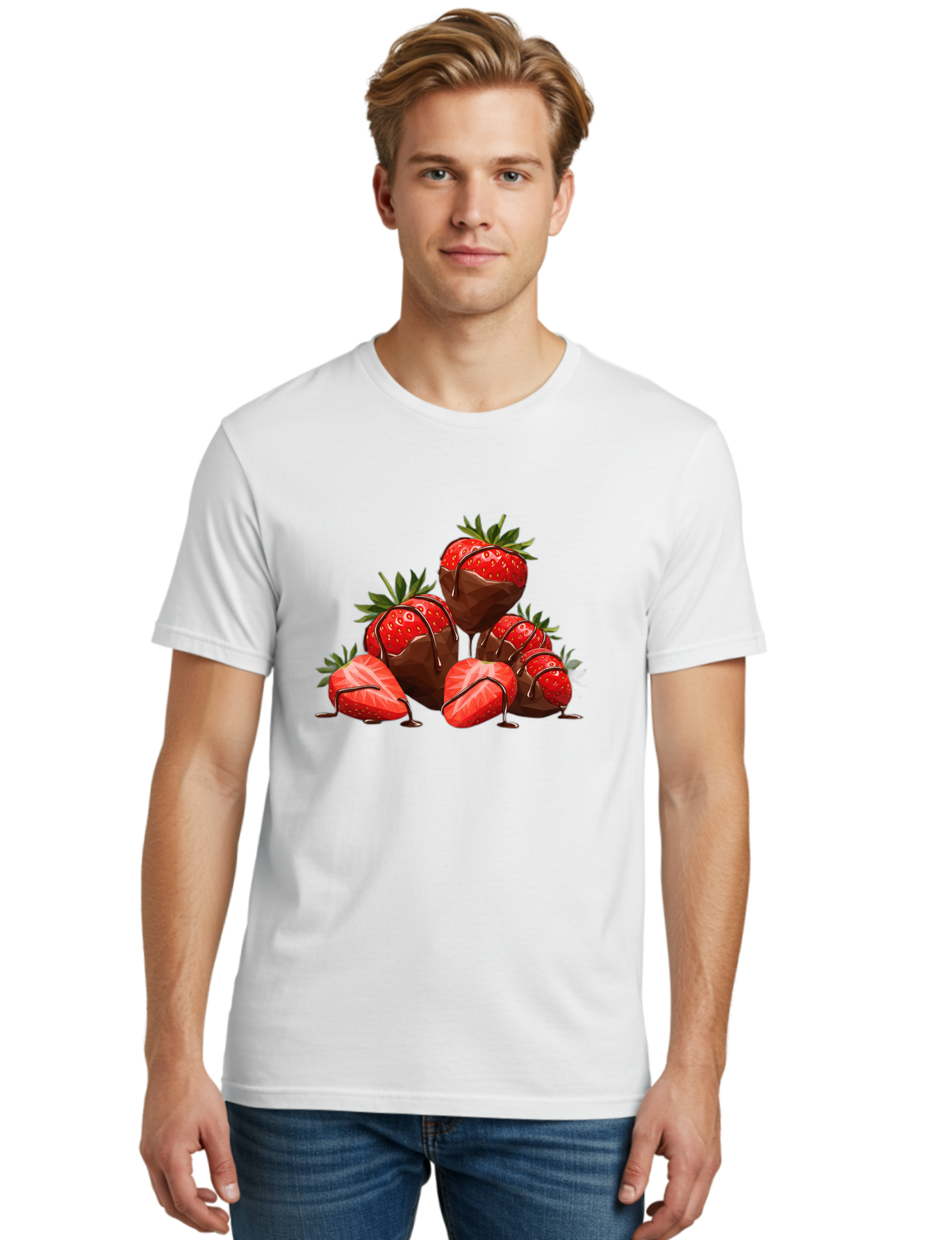 Chocolate-Covered-Strawberries-1 Men'S Graphic Tee, 100% Cotton, Comfortable Casual Summer Wear, Machine Washable, Chocolate Covered Strawberries, Sweet Treats, Indulgent Dessert, Ripe Strawberries, Chocolate Drizzle, Decadent, Luxurious, Bab740
