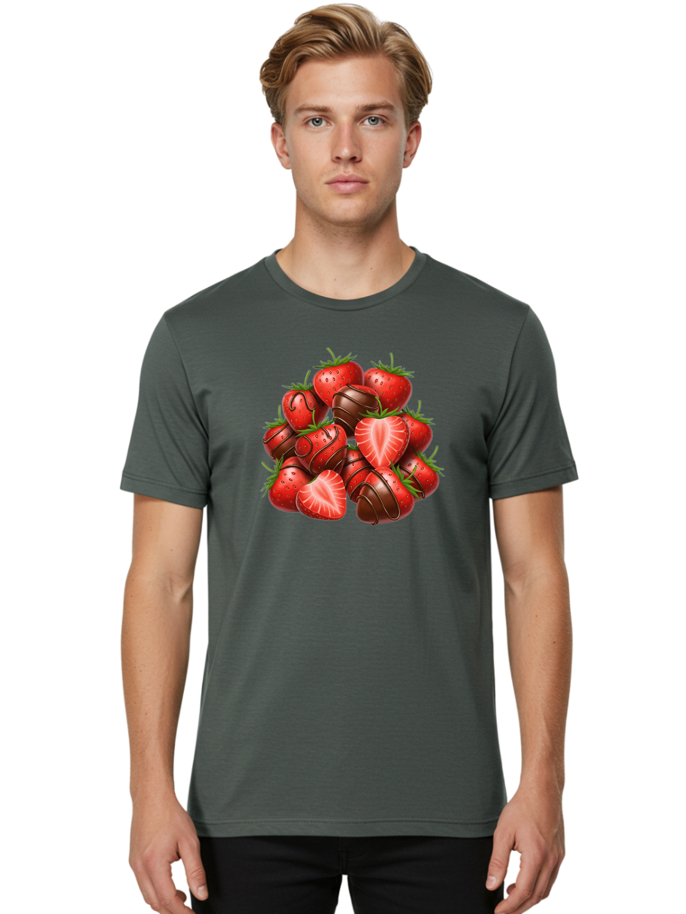 Chocolate-Dipped-Strawberries Men'S Graphic Tee, 100% Cotton, Comfortable Casual Summer Wear, Machine Washable, Chocolate Covered Strawberries, Sweet Treats, Delicious Desserts, Strawberry Lovers, Chocolate Indulgence, Tasty Fruit, Bab746