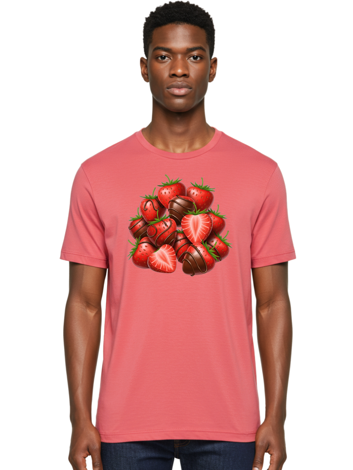 Chocolate-Dipped-Strawberries Men'S Graphic Tee, 100% Cotton, Comfortable Casual Summer Wear, Machine Washable, Chocolate Covered Strawberries, Sweet Treats, Delicious Desserts, Strawberry Lovers, Chocolate Indulgence, Tasty Fruit, Bab746