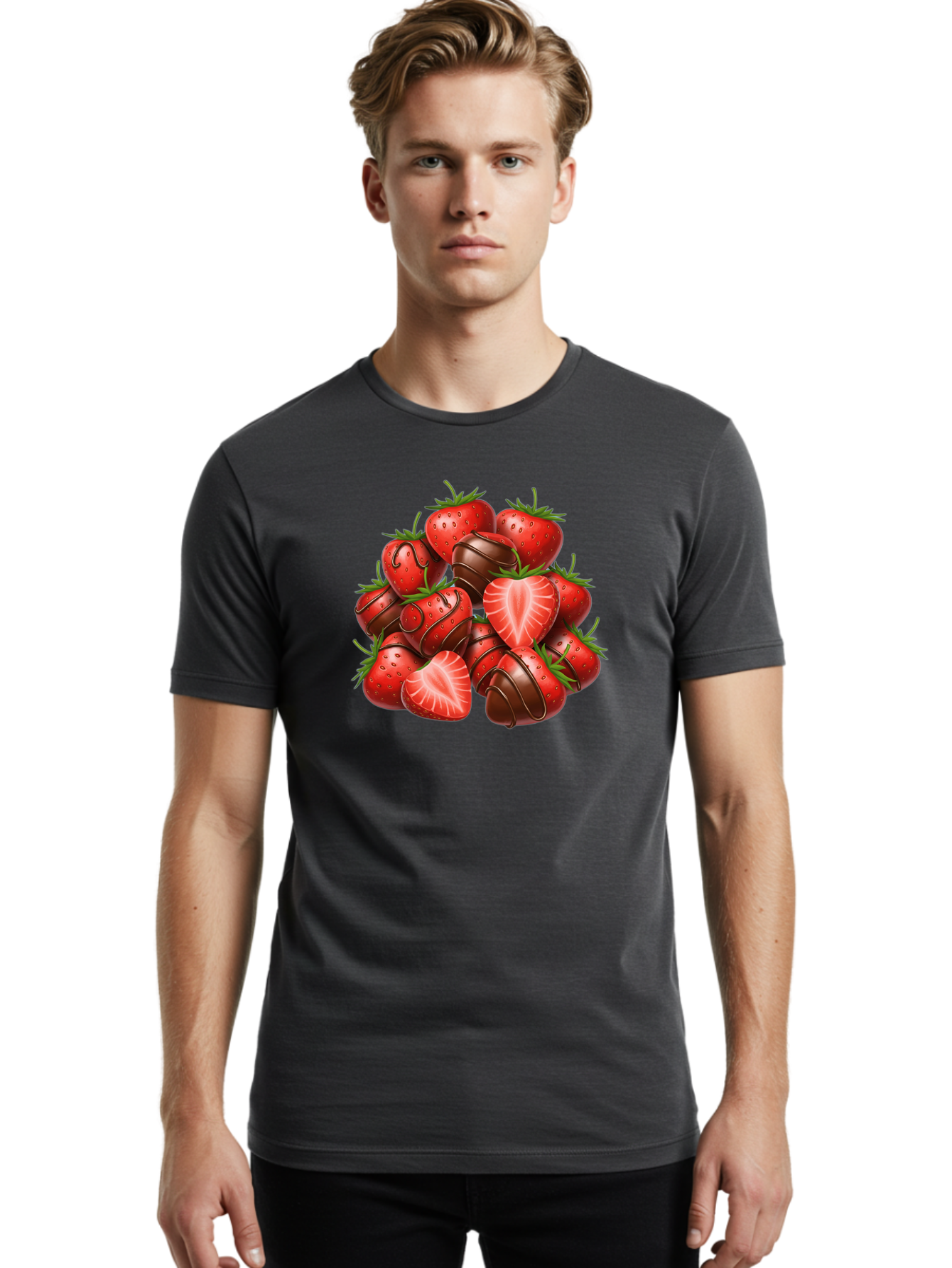 Chocolate-Dipped-Strawberries Men'S Graphic Tee, 100% Cotton, Comfortable Casual Summer Wear, Machine Washable, Chocolate Covered Strawberries, Sweet Treats, Delicious Desserts, Strawberry Lovers, Chocolate Indulgence, Tasty Fruit, Bab746