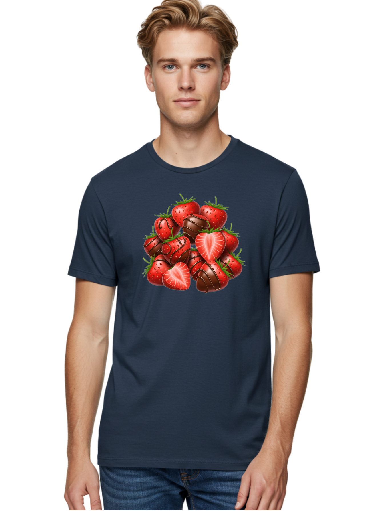 Chocolate-Dipped-Strawberries Men'S Graphic Tee, 100% Cotton, Comfortable Casual Summer Wear, Machine Washable, Chocolate Covered Strawberries, Sweet Treats, Delicious Desserts, Strawberry Lovers, Chocolate Indulgence, Tasty Fruit, Bab746