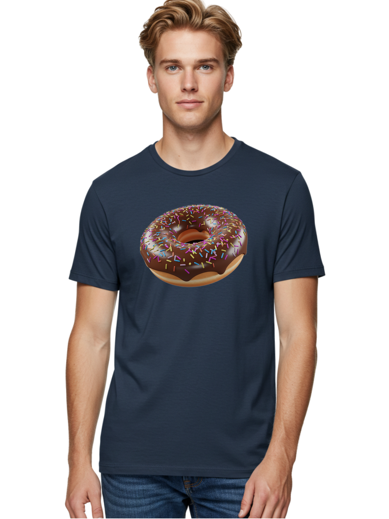 Chocolate-Donut-With-Sprinkles Men'S Graphic Tee, 100% Cotton, Comfortable Casual Summer Wear, Machine Washable, Chocolate Donut, Donut With Sprinkles, Sweet Treat, Baked Goods, Colorful Dessert, Tasty Pastry, Chocolate Frosting, Sprinkles, Bab747
