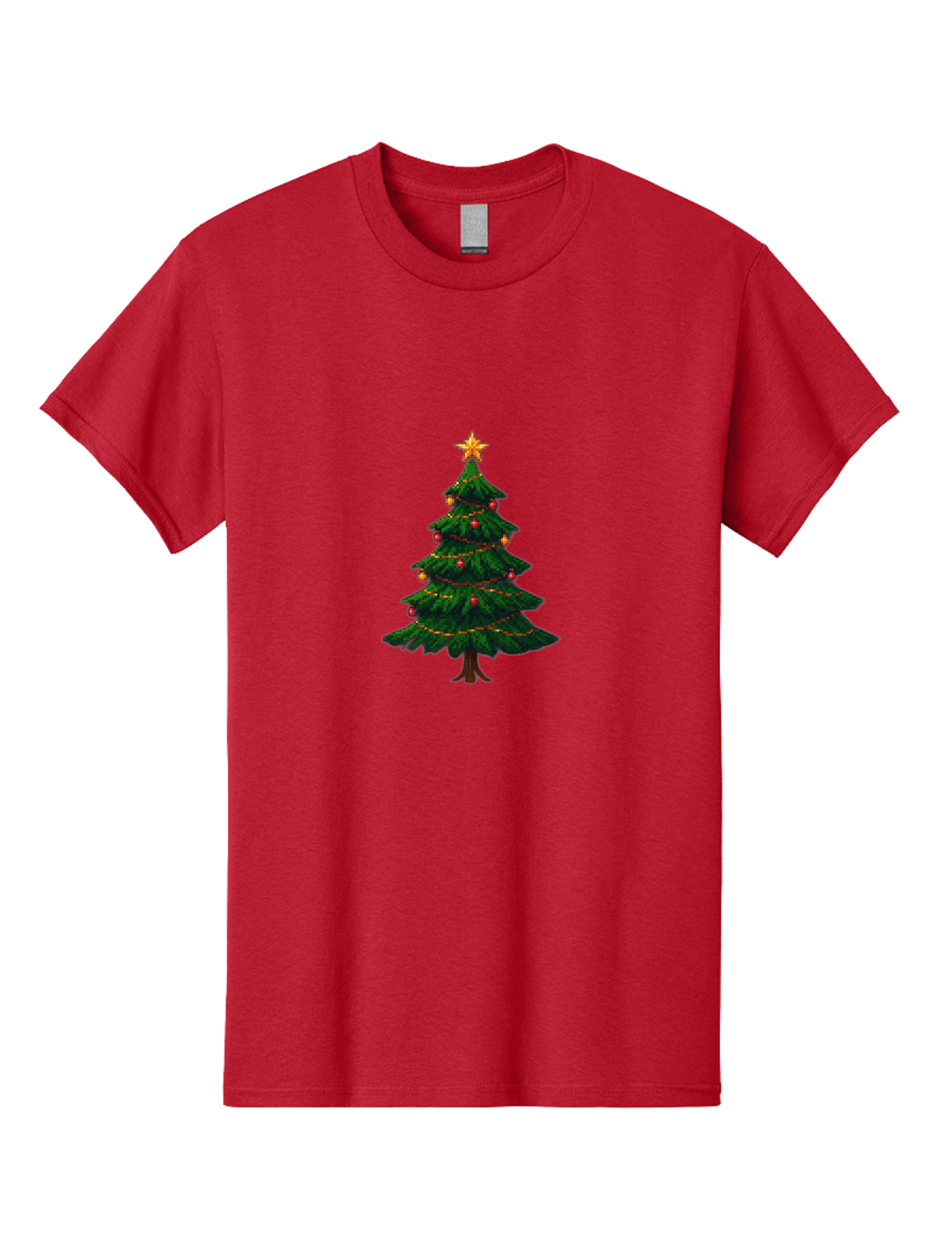 Christmas-Tree-1 Men'S Graphic Tee, 100% Cotton, Comfortable Casual Summer Wear, Machine Washable, Christmas Tree Illustration, Decorated Tree, Festive Decorations, Red And Gold Ornaments, String Lights, Golden Star, Holiday Season, Bab749