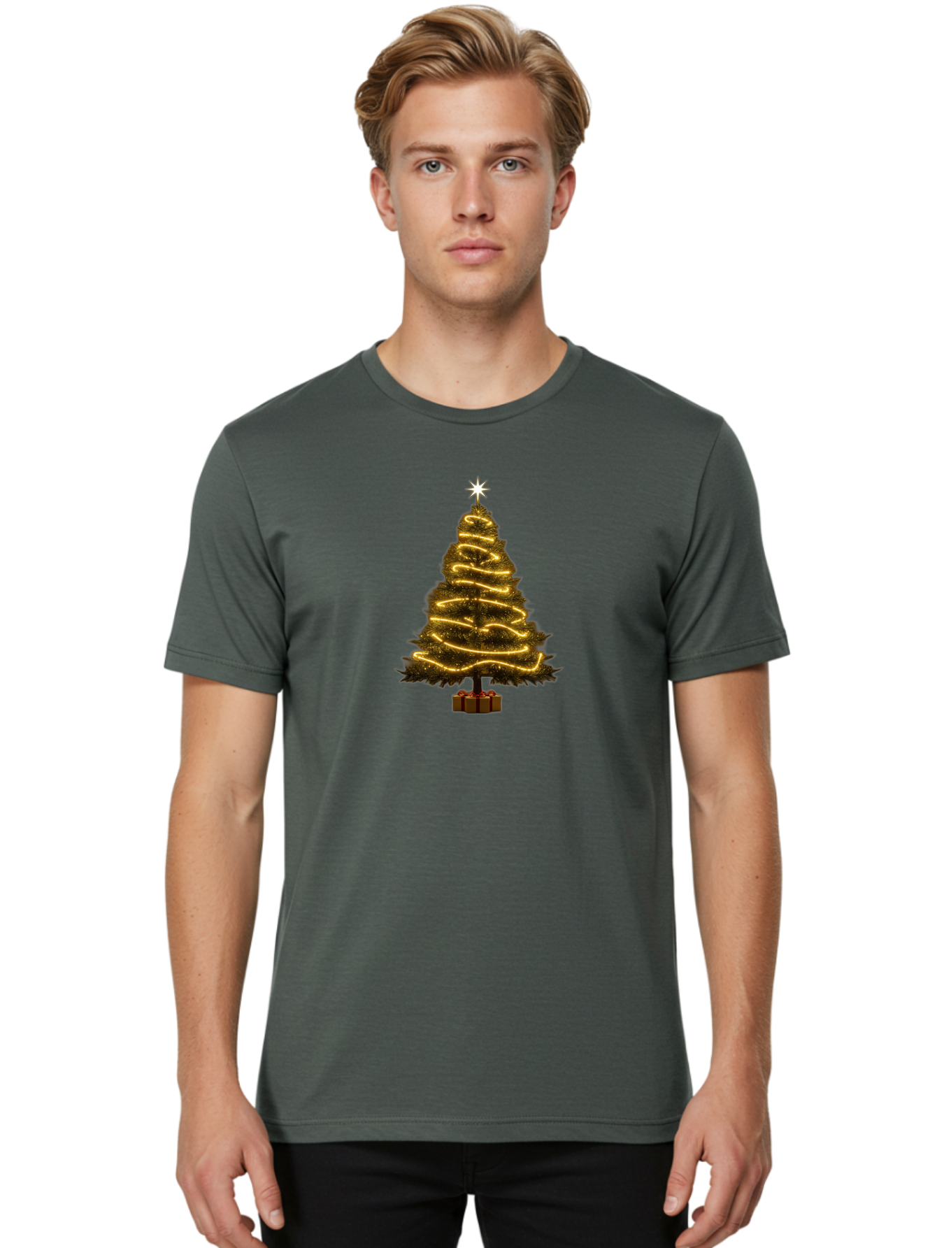 Christmas-Tree-3 Men'S Graphic Tee, 100% Cotton, Comfortable Casual Summer Wear, Machine Washable, Christmas Tree Decoration, Festive Holiday Lights, Glowing String Lights, Star Topper, Winter Season, Holiday Cheer, Christmas Decoration, Bab751
