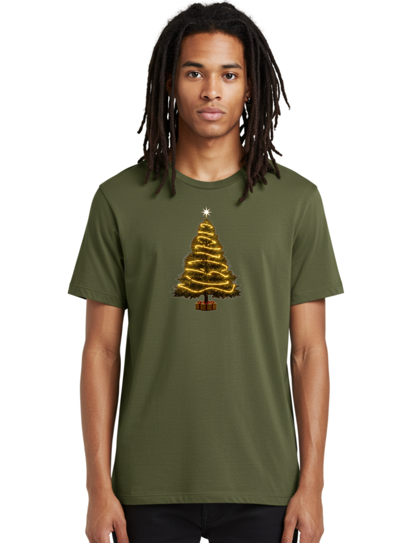 Christmas-Tree-3 Men'S Graphic Tee, 100% Cotton, Comfortable Casual Summer Wear, Machine Washable, Christmas Tree Decoration, Festive Holiday Lights, Glowing String Lights, Star Topper, Winter Season, Holiday Cheer, Christmas Decoration, Bab751